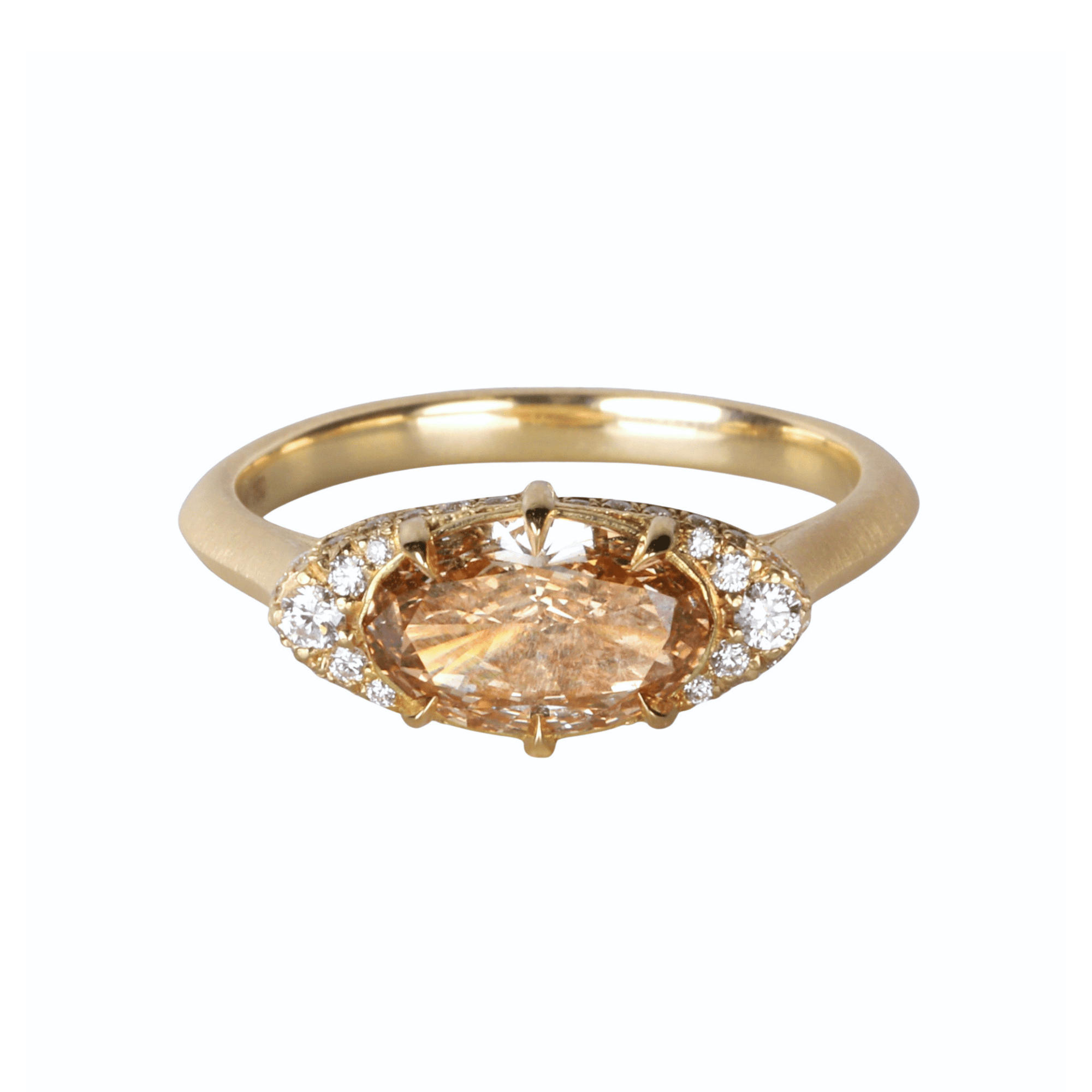 18K "Mariam" Ring with East-West Multi Prong-Set Oval Champagne Diamond with Pave Diamond Side &amp; Hidden Halo - Peridot Fine Jewelry - Jade Trau