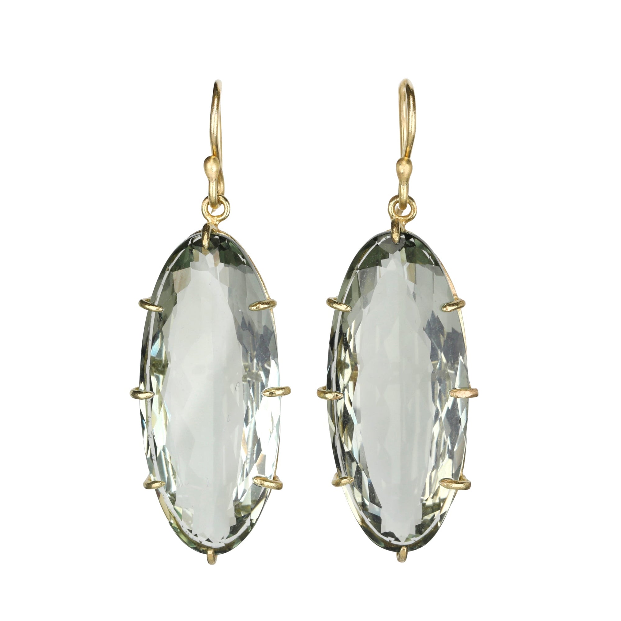 18K Multi Prong - Set Elongated Oval Green Amethyst Drop Earrings - Peridot Fine Jewelry - Rosanne Pugliese