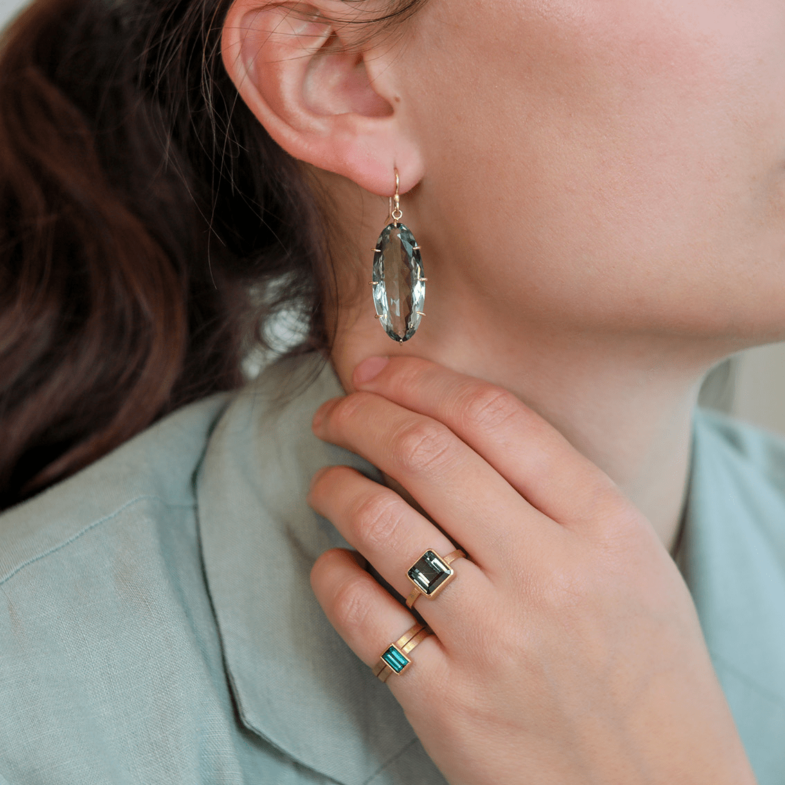 18K Multi Prong - Set Elongated Oval Green Amethyst Drop Earrings - Peridot Fine Jewelry - Rosanne Pugliese