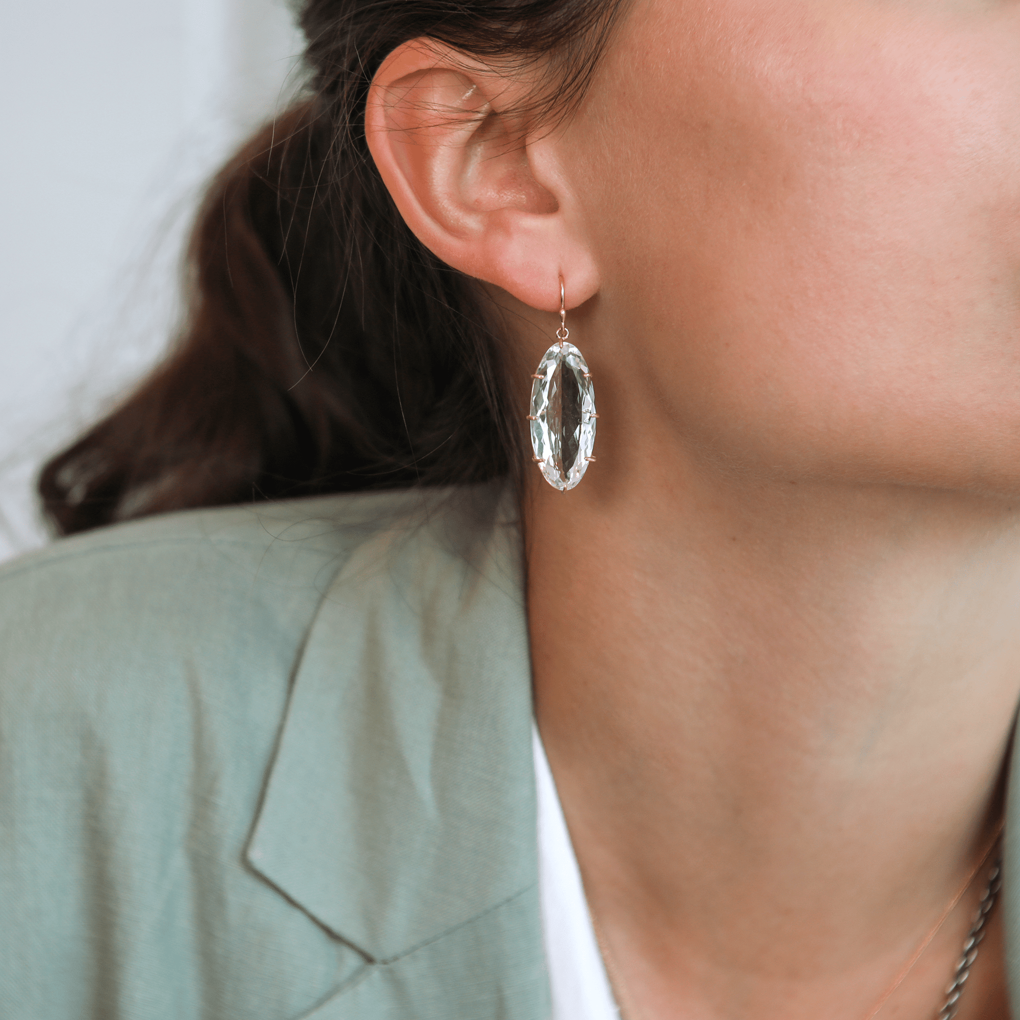 18K Multi Prong - Set Elongated Oval Rock Crystal Drop Earrings - Peridot Fine Jewelry - Rosanne Pugliese