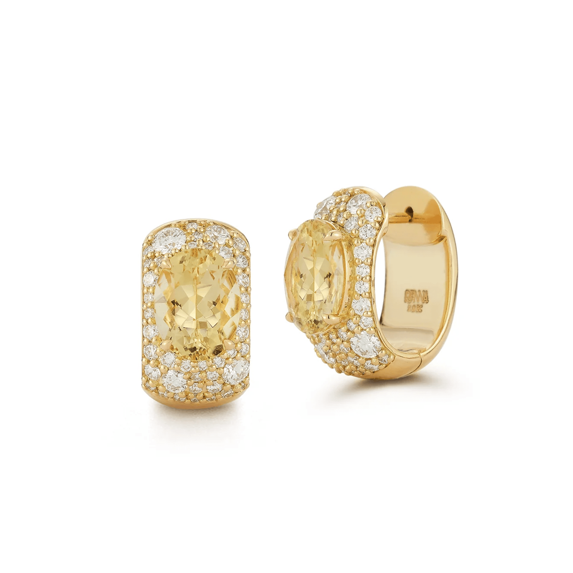 18K & Oval Yellow Scapolite "Pelagia" Hinged Huggie Hoop Earrings with Pave Diamonds - Peridot Fine Jewelry - Renna