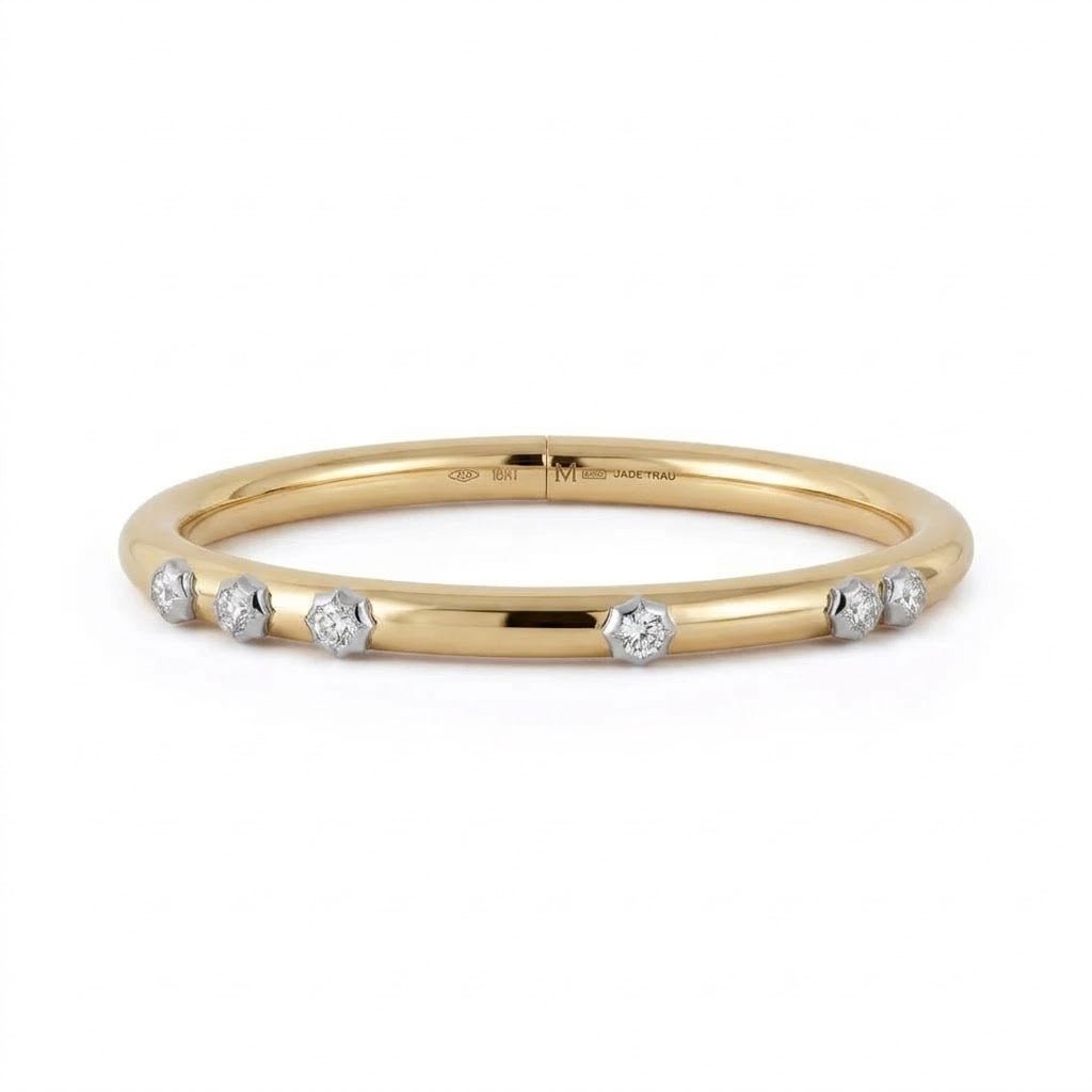 18K & Platinum Two Tone "Constellation" 5.0 Plie Bangle Featuring Six Scattered Diamonds - Peridot Fine Jewelry - Jade Trau