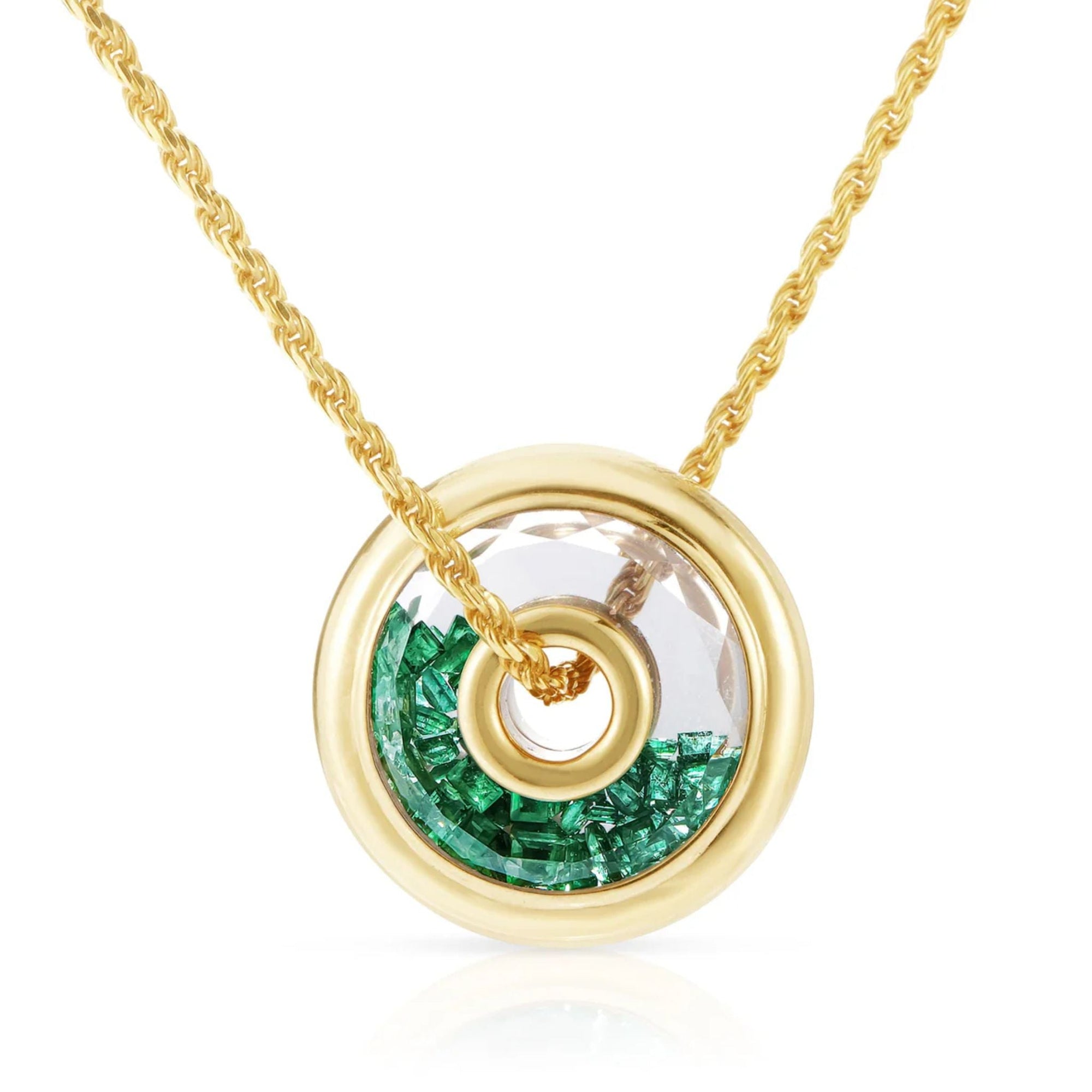 18K "Roda 15" Necklace with Circular "Shake" Pendant with Loose Baguette Emeralds - Peridot Fine Jewelry - Moritz Glik