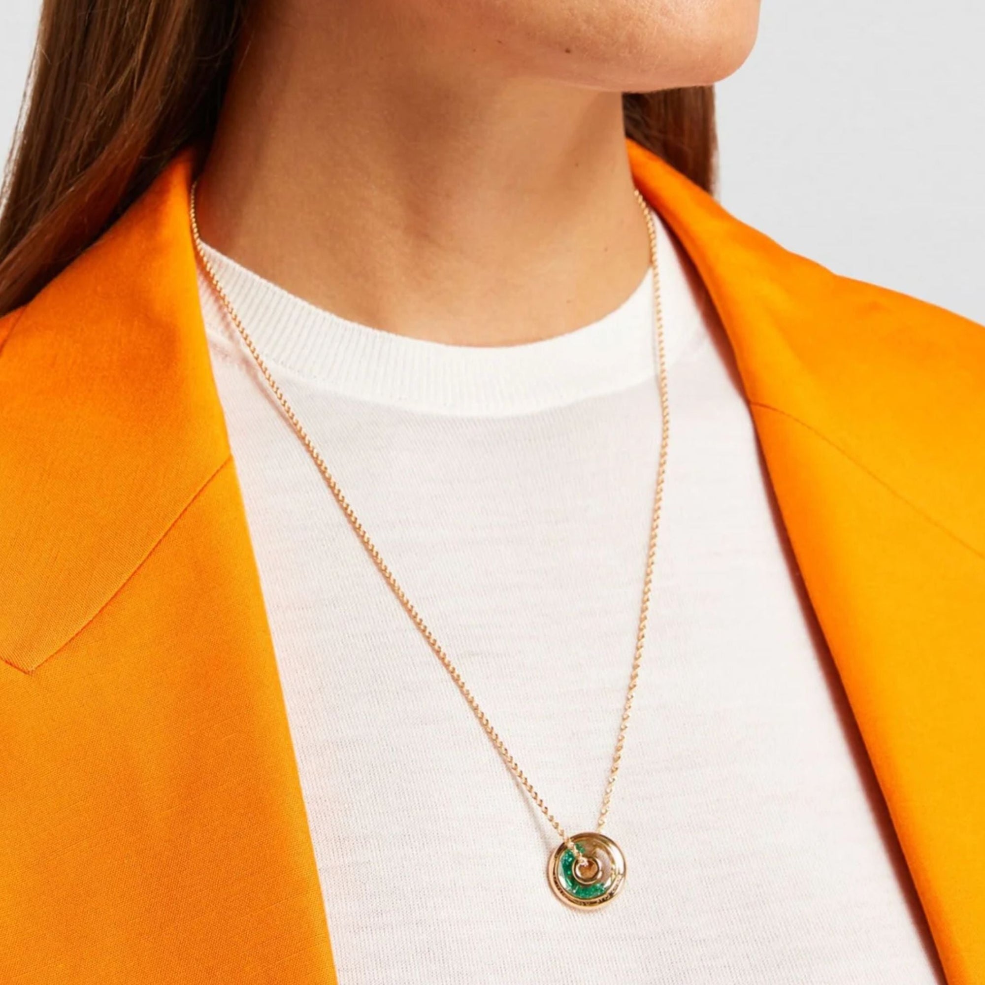 18K "Roda 15" Necklace with Circular "Shake" Pendant with Loose Baguette Emeralds - Peridot Fine Jewelry - Moritz Glik