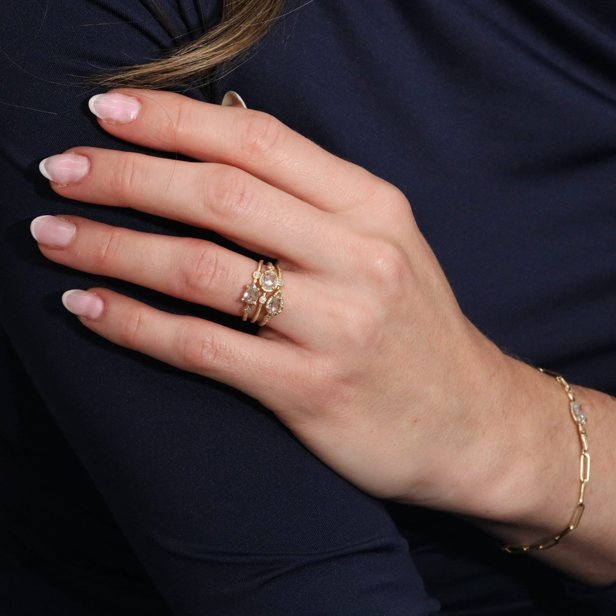 18K &amp; Sideways Oval Rosecut Icy Grey Diamond Ring with Diamond Shoulder Details - Peridot Fine Jewelry - Yasuko Azuma