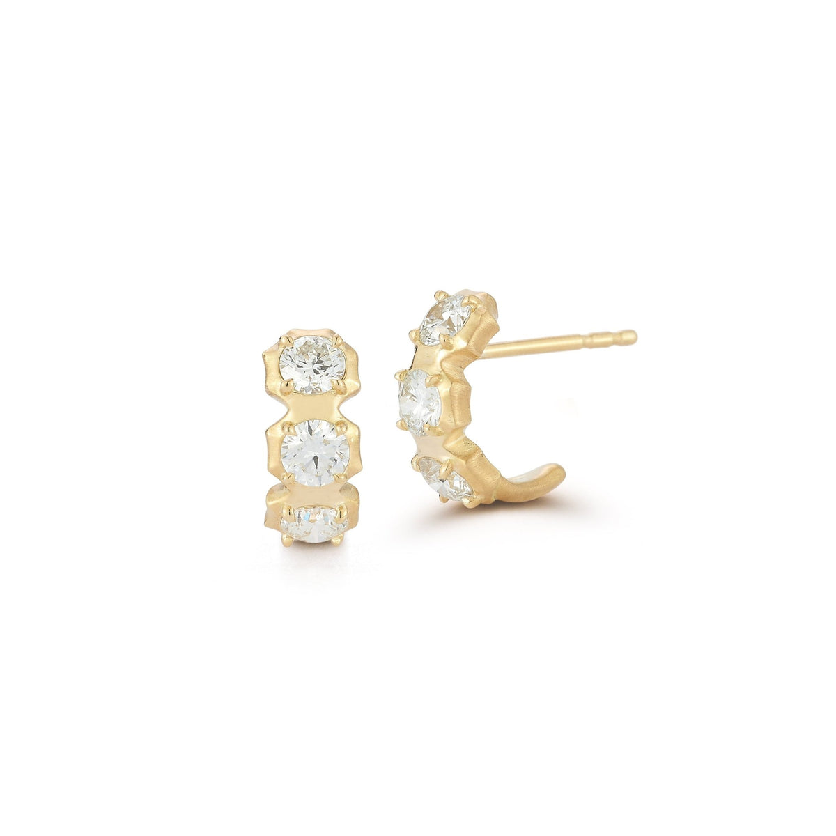 18K "Sophisticate" Small Half Huggie Hoop Earrings with Three Round Diamonds - Peridot Fine Jewelry - Jade Trau