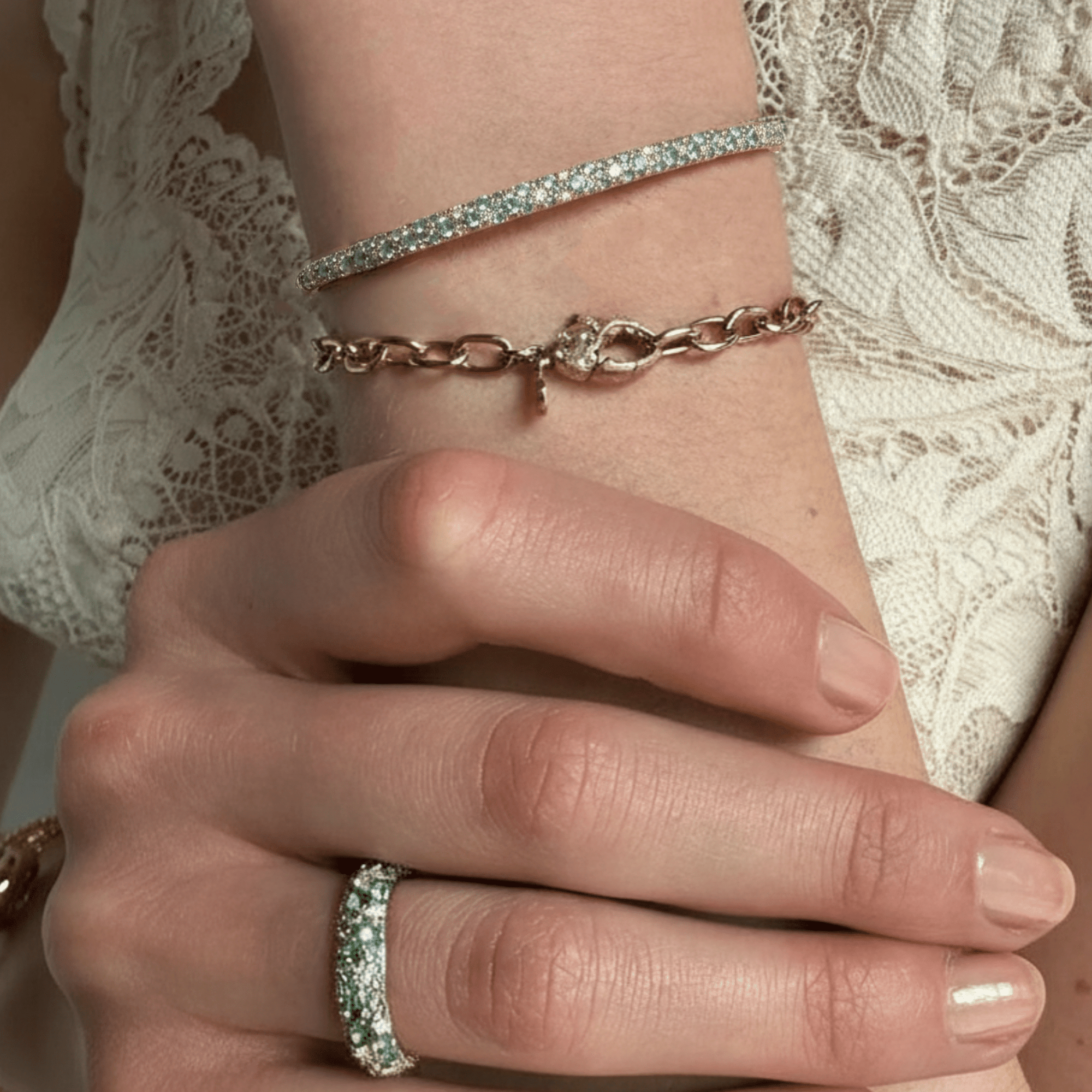 18K "Tidepool Cuff" Hinged Bangle Bracelet with Aquamarines, Blue Topaz and Diamonds - Peridot Fine Jewelry - Renna