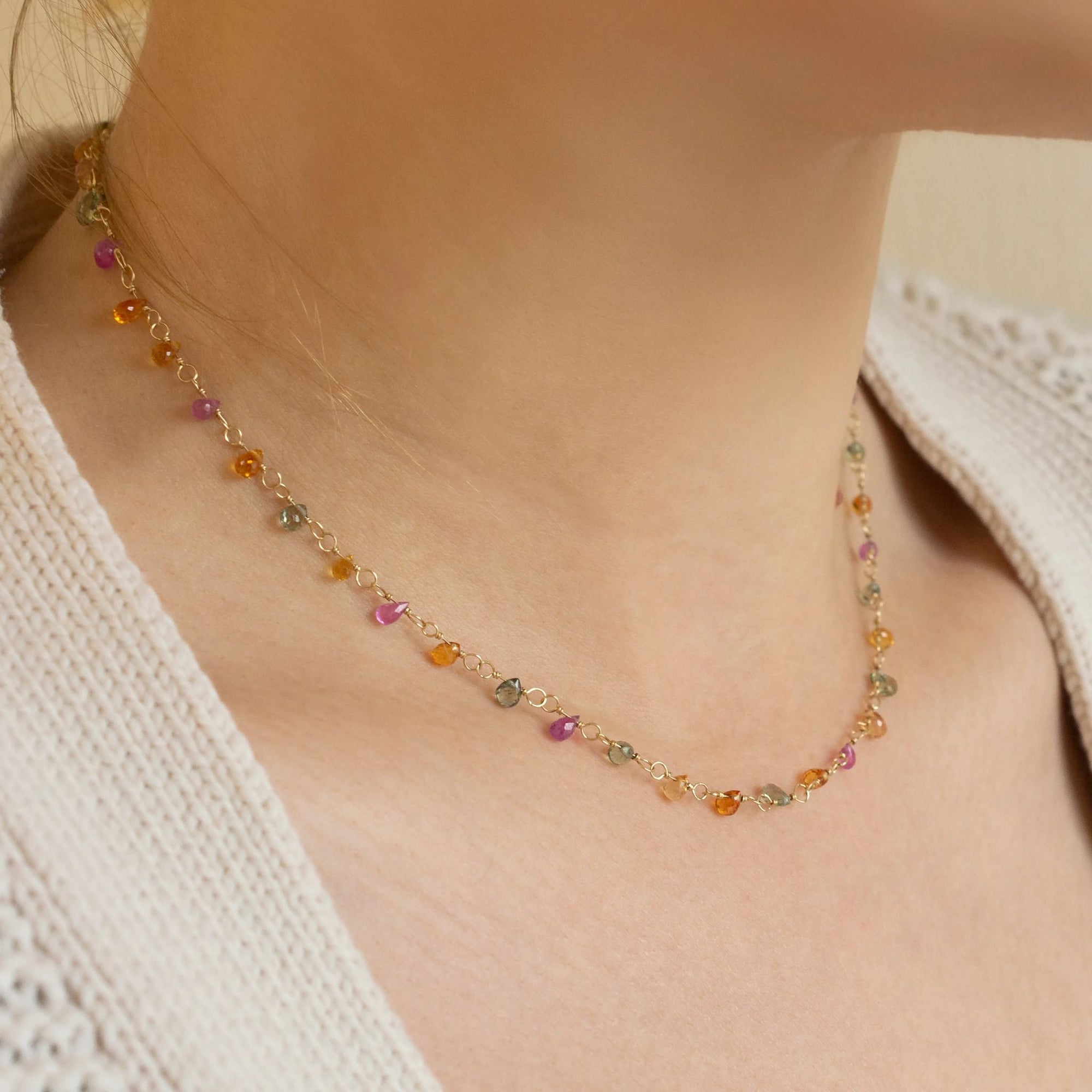 18K Wire Wrapped Necklace with Rainbow Sapphire Briolettes - Peridot Fine Jewelry - Anne Sportun