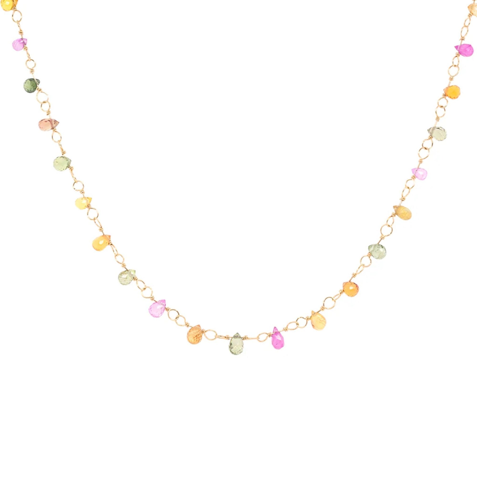 18K Wire Wrapped Necklace with Rainbow Sapphire Briolettes - Peridot Fine Jewelry - Anne Sportun