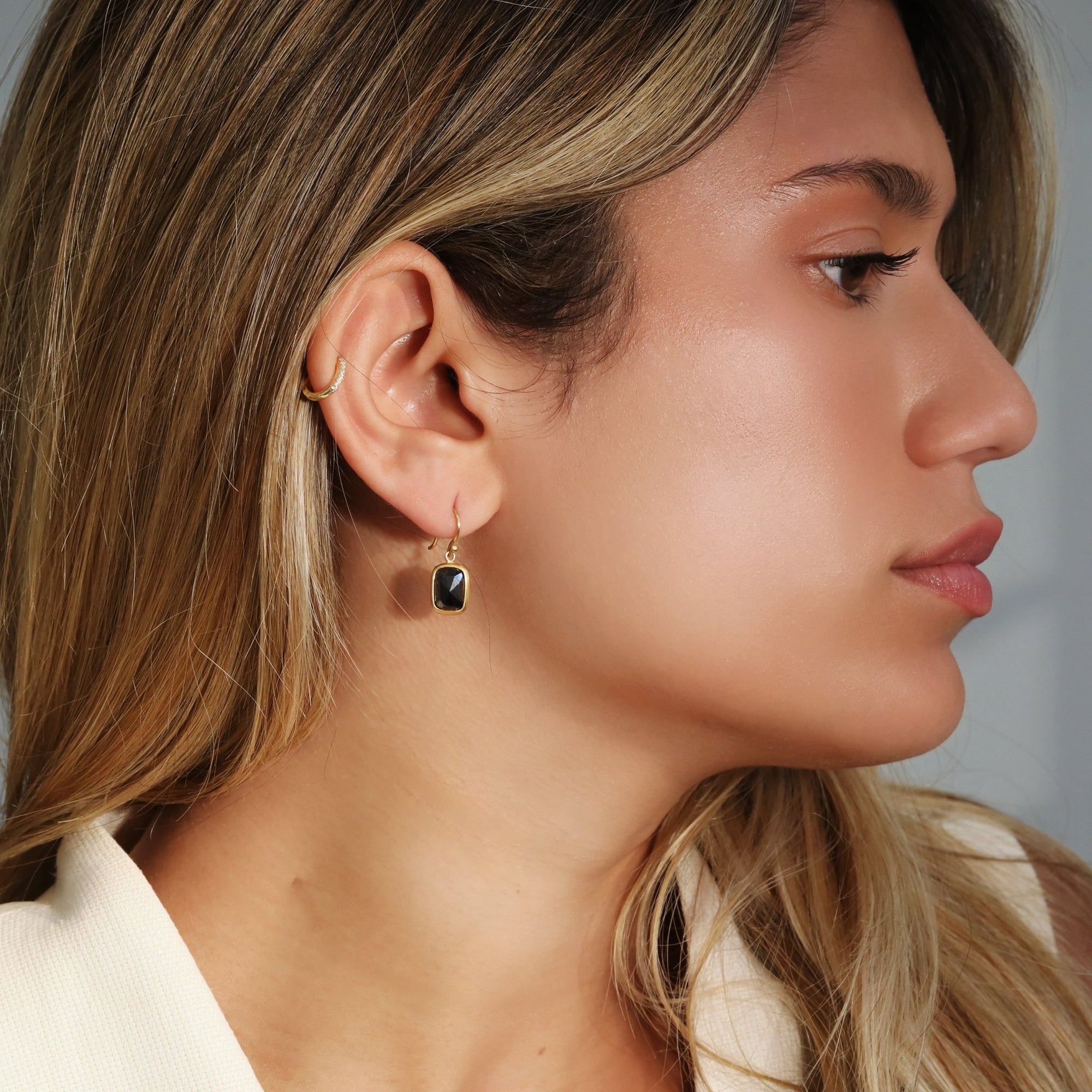 20 &amp; 22K Gold Bezel-Set Rosecut Cushion Black Diamond Earrings - Peridot Fine Jewelry - Caroline Ellen