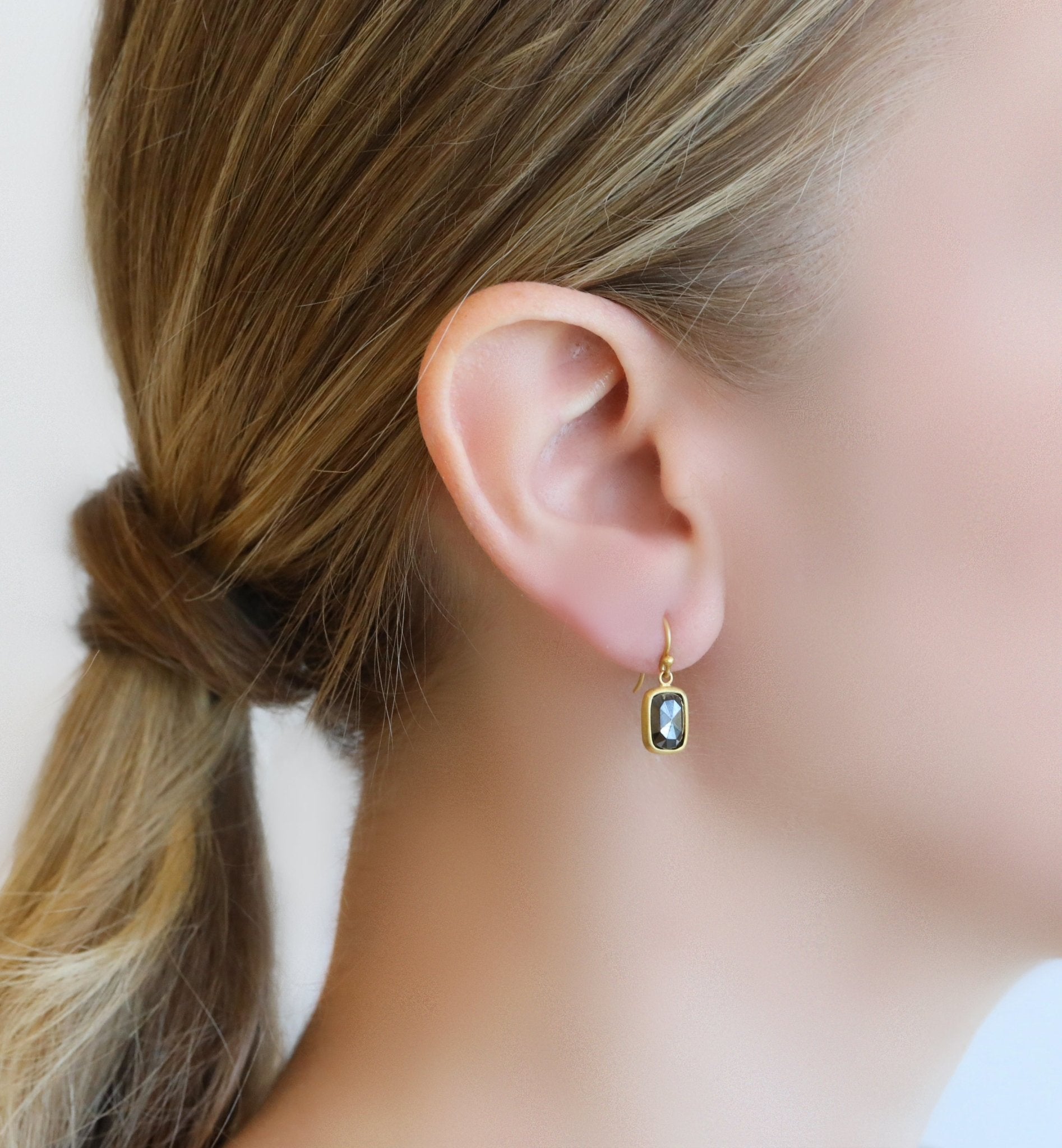 20 &amp; 22K Gold Bezel - Set Rosecut Cushion Black Diamond Earrings - Peridot Fine Jewelry - Caroline Ellen