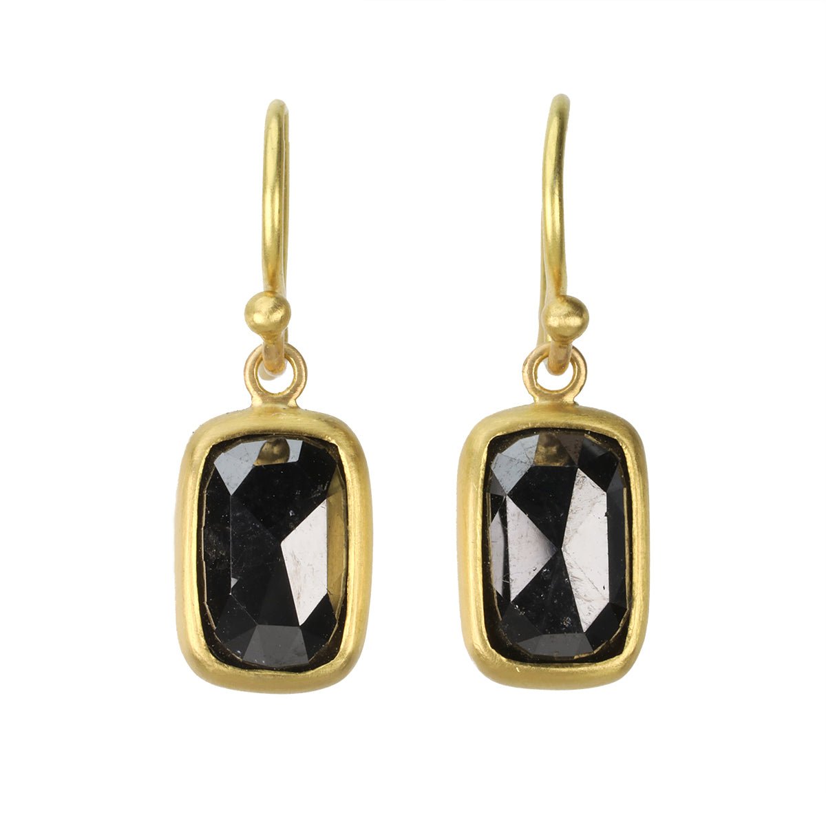 20 &amp; 22K Gold Bezel - Set Rosecut Cushion Black Diamond Earrings - Peridot Fine Jewelry - Caroline Ellen
