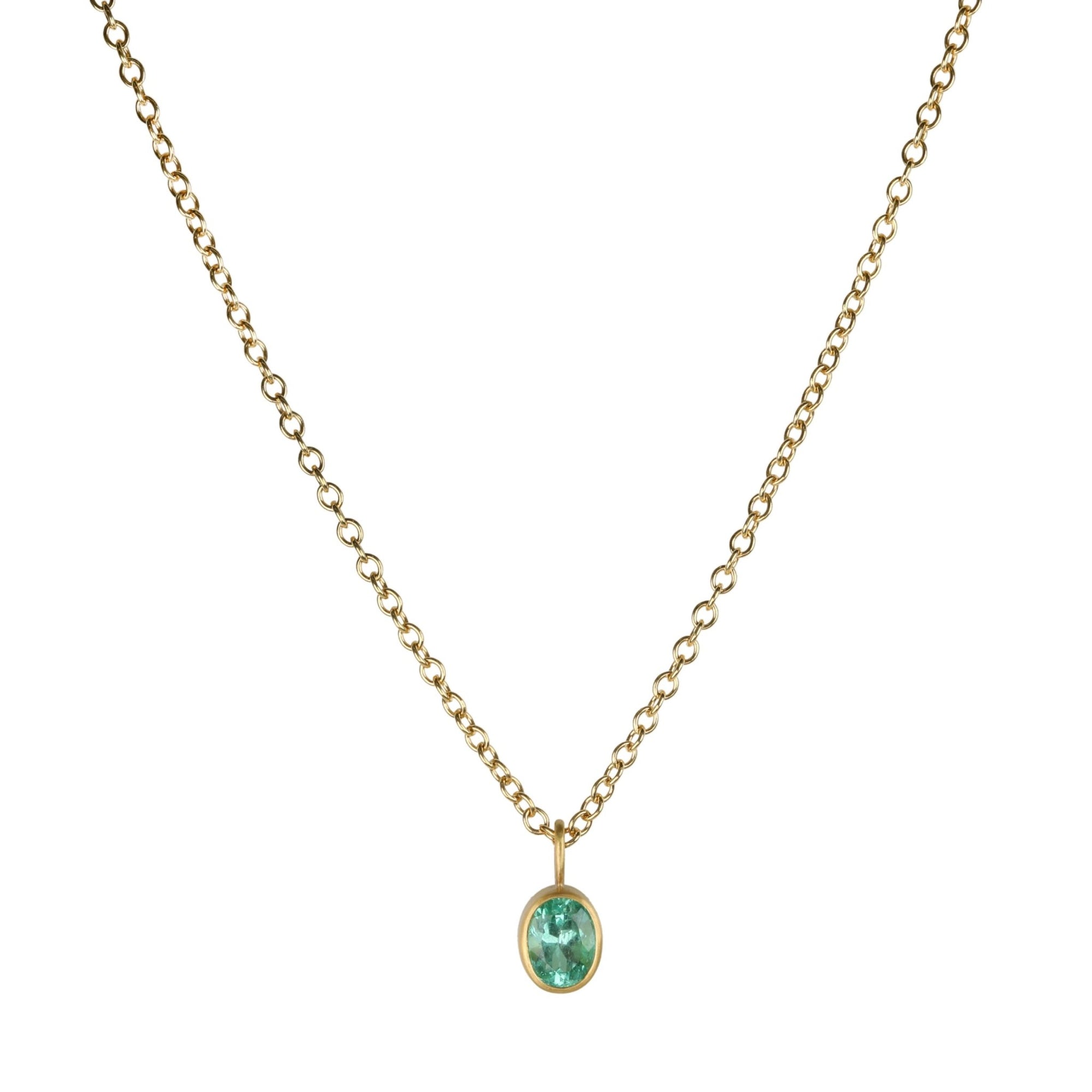 20K Bezel - Set Oval Faceted Light Green Emerald Pendant on Stationary Bale - Peridot Fine Jewelry - Caroline Ellen