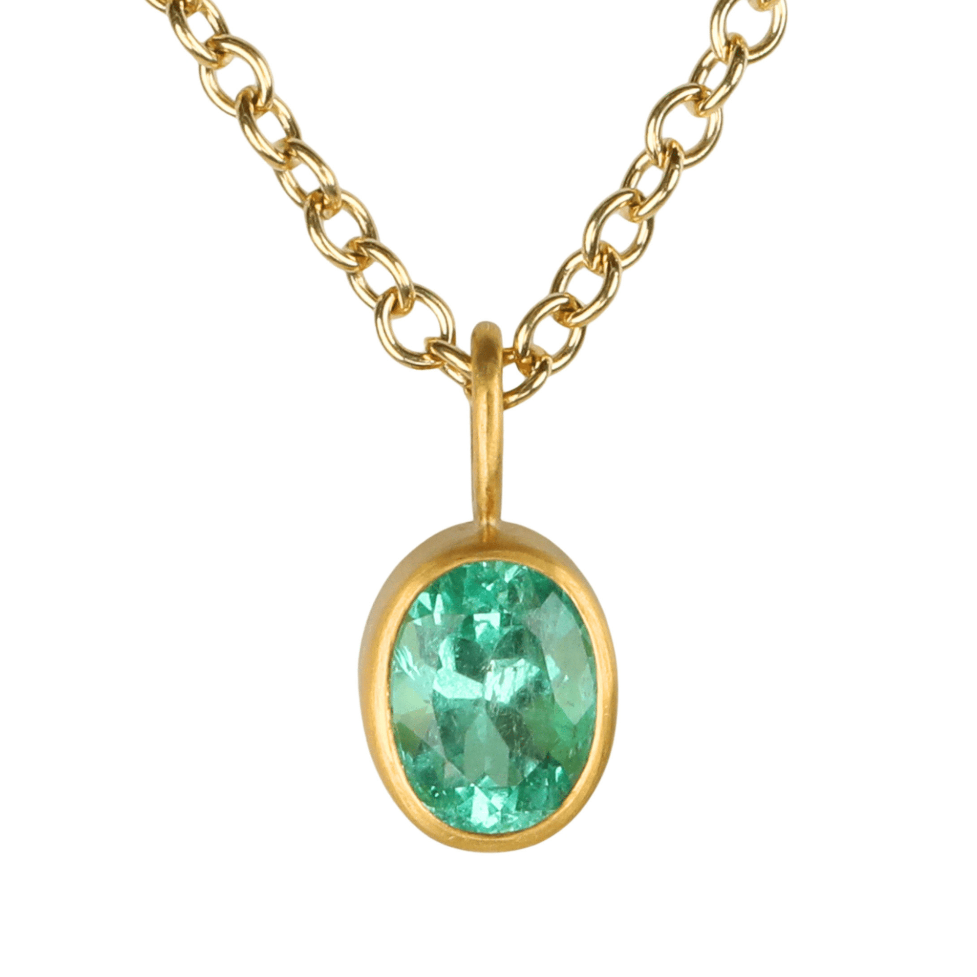 20K Bezel - Set Oval Faceted Light Green Emerald Pendant on Stationary Bale - Peridot Fine Jewelry - Caroline Ellen