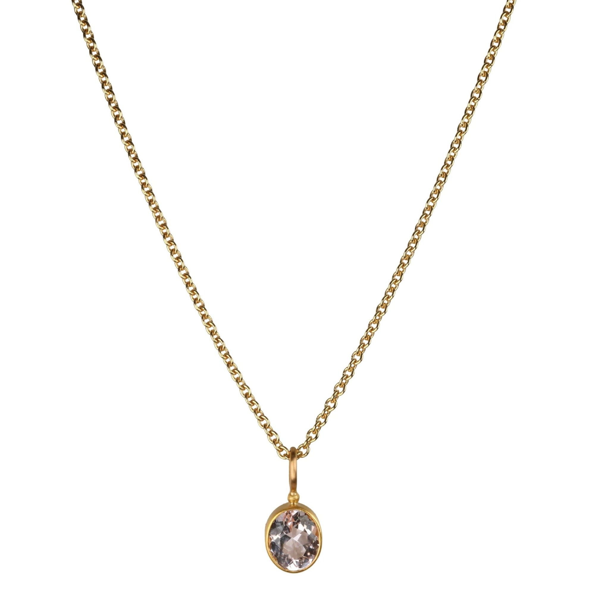 20K Bezel - Set Oval Light Pink Morganite Pendant on Stationary Bale - Peridot Fine Jewelry - Caroline Ellen