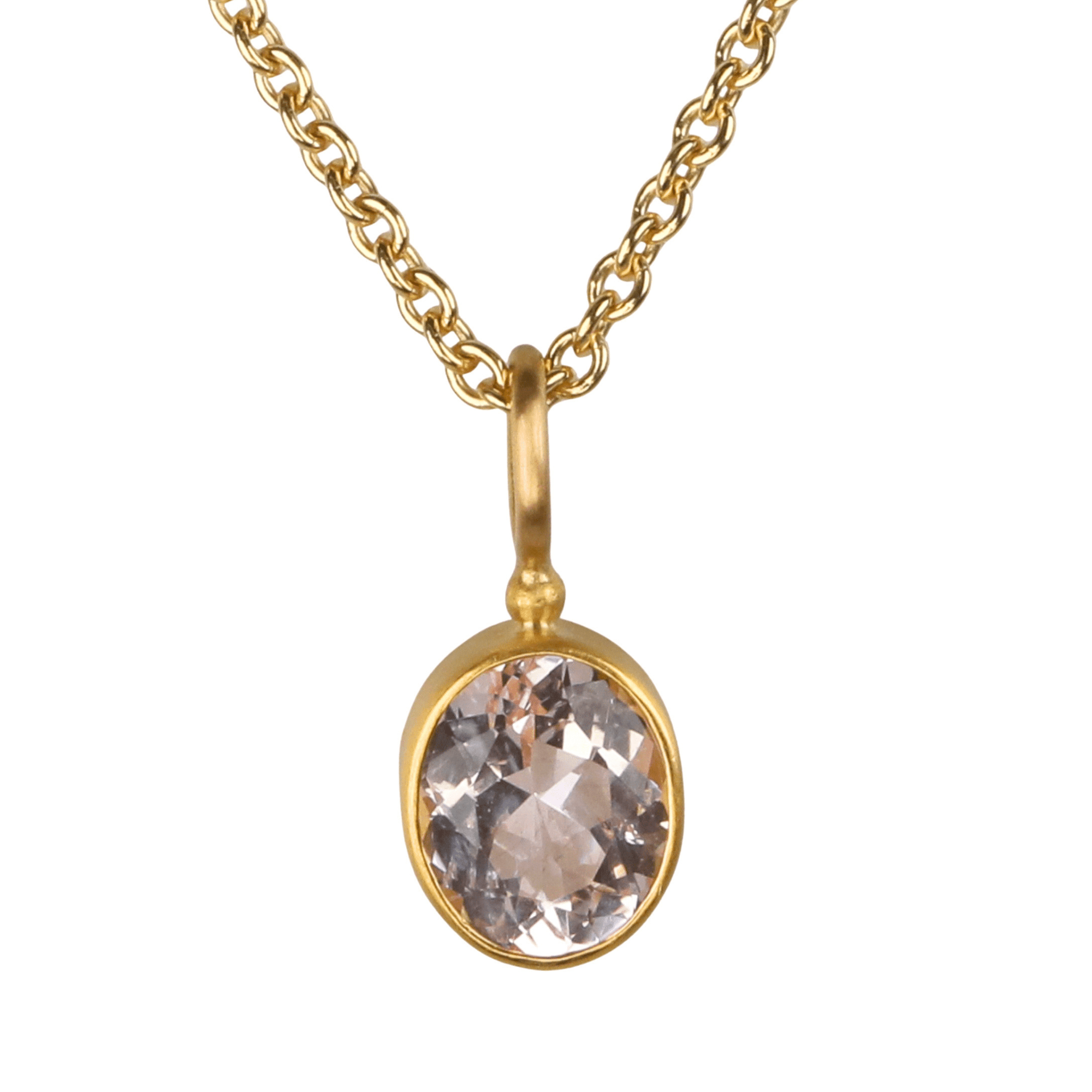 20K Bezel - Set Oval Light Pink Morganite Pendant on Stationary Bale - Peridot Fine Jewelry - Caroline Ellen