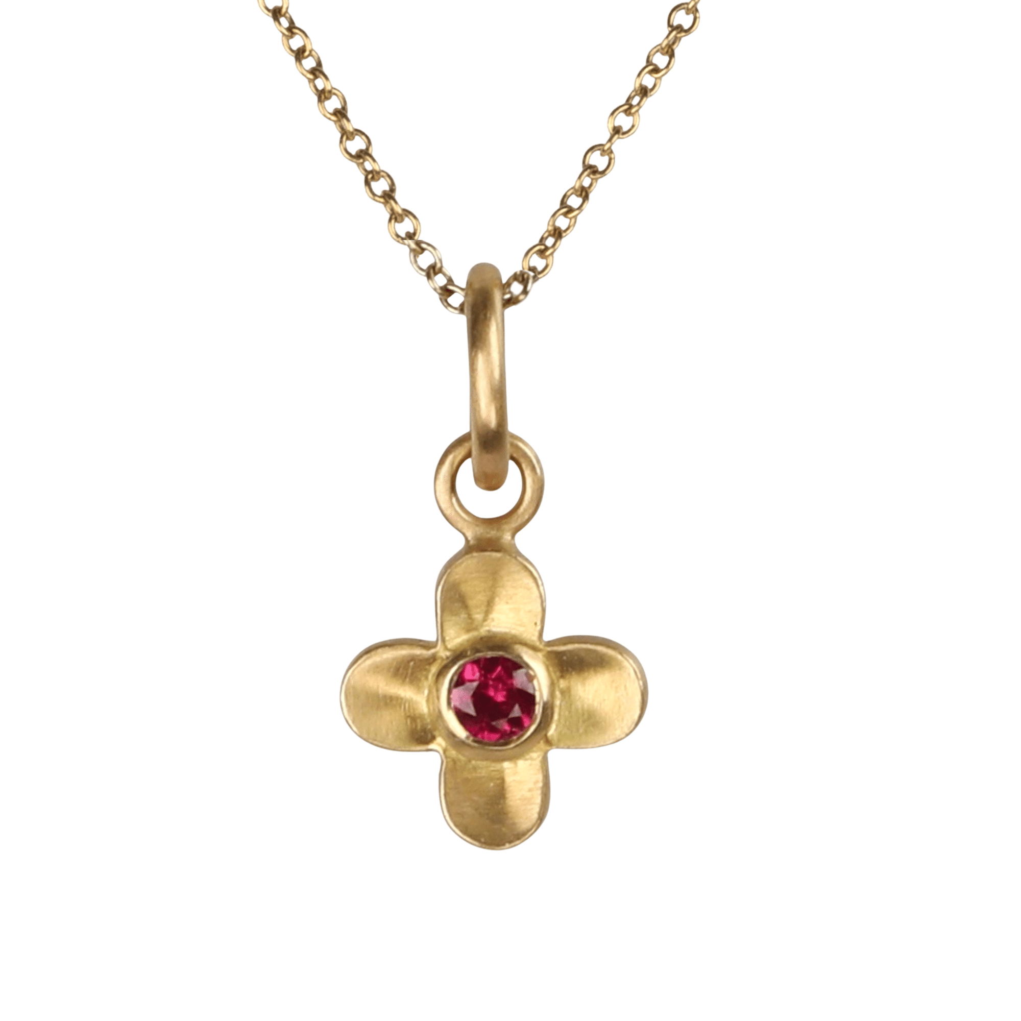 20K Four Petal Flower Pendant with Burmese Ruby - Peridot Fine Jewelry - Caroline Ellen