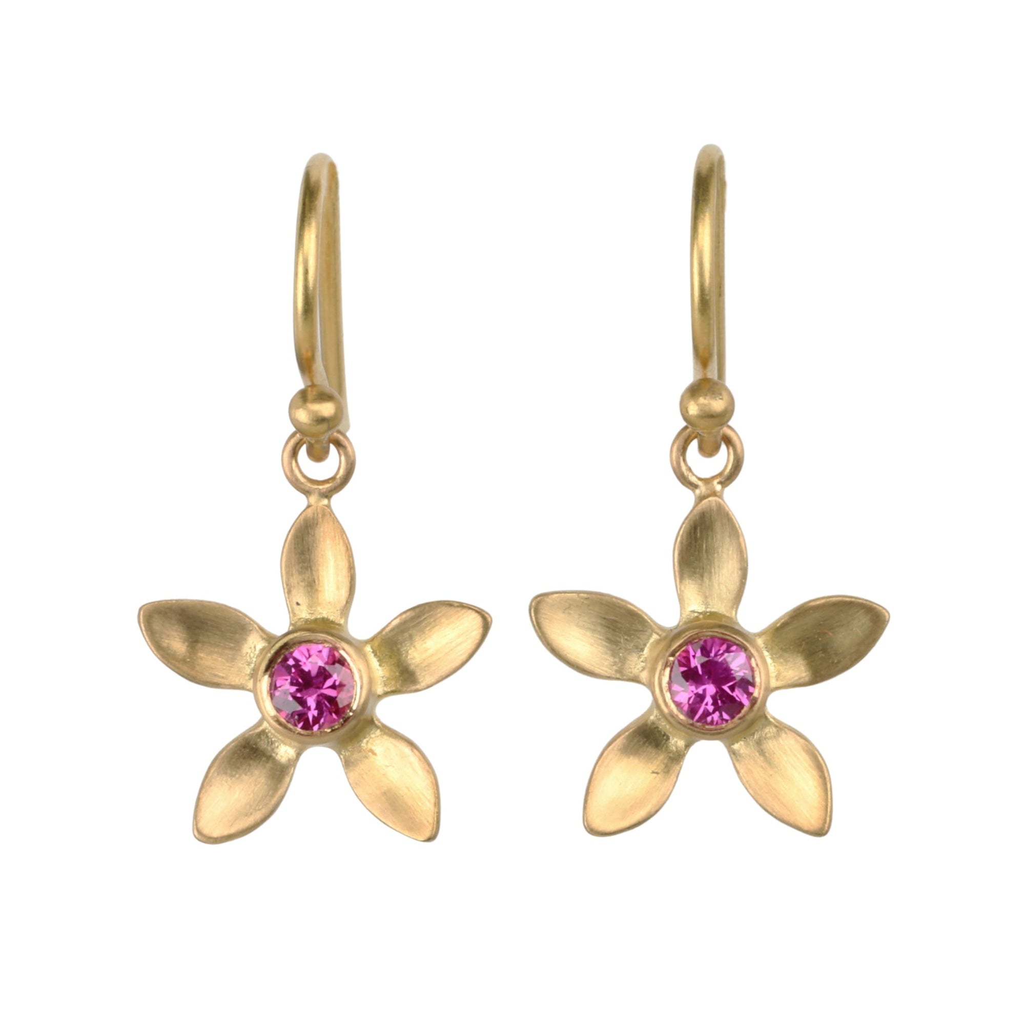 20K Gold Flower Earrings with Vietnamese Pink Sapphires - Peridot Fine Jewelry - Caroline Ellen