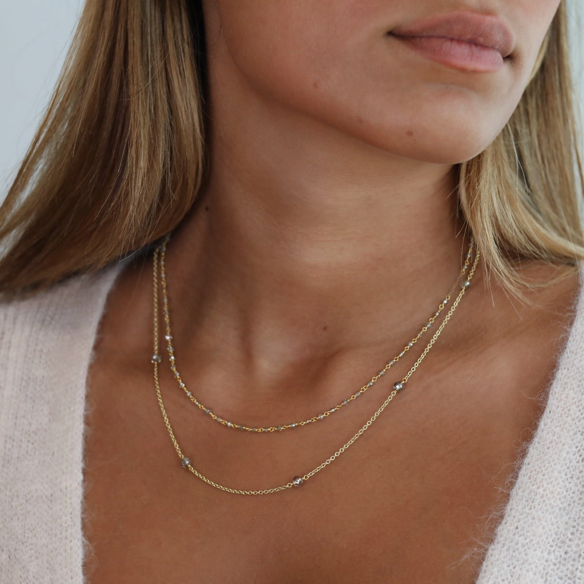 20K Gold Hand Wrapped Champagne Diamond Rondelle Beaded Necklace - Peridot Fine Jewelry - Caroline Ellen