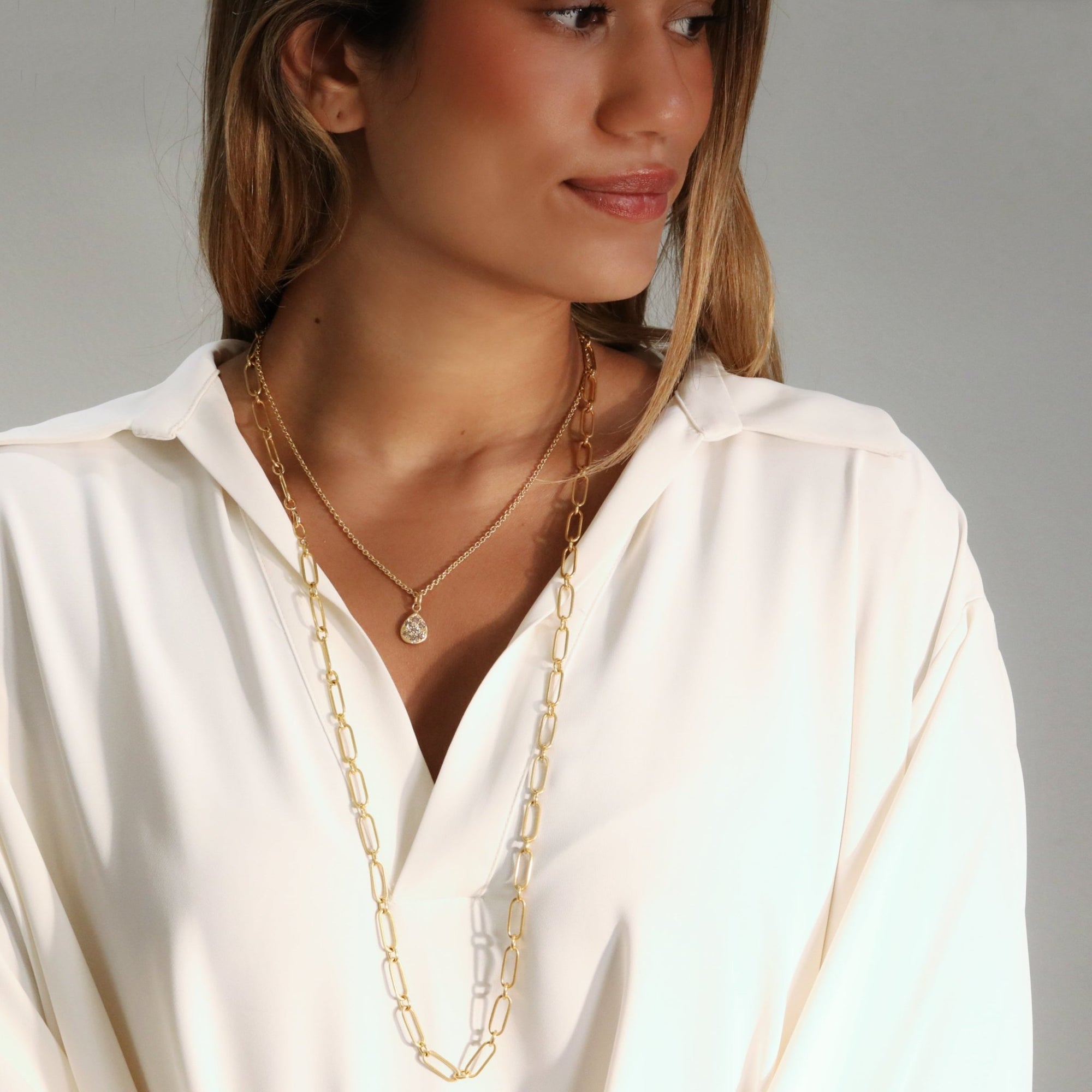20K Gold Handmade Long Flattened Paperclip Link Necklace - Peridot Fine Jewelry - Caroline Ellen