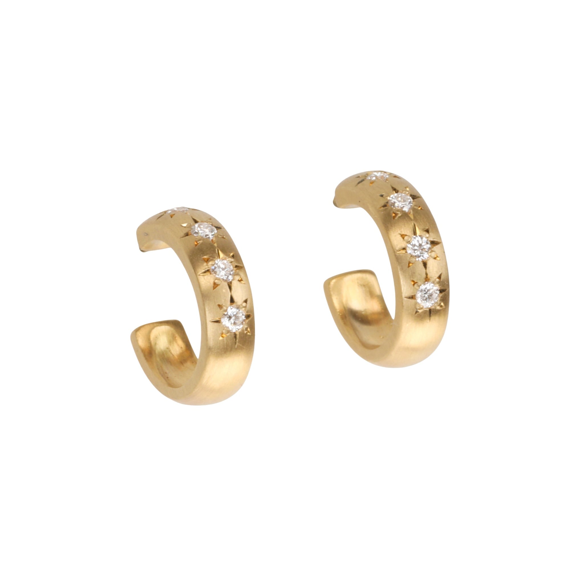 20K Gold Hollowed Semi - Rounded Hoops with Four Star Set Diamonds - Peridot Fine Jewelry - Caroline Ellen