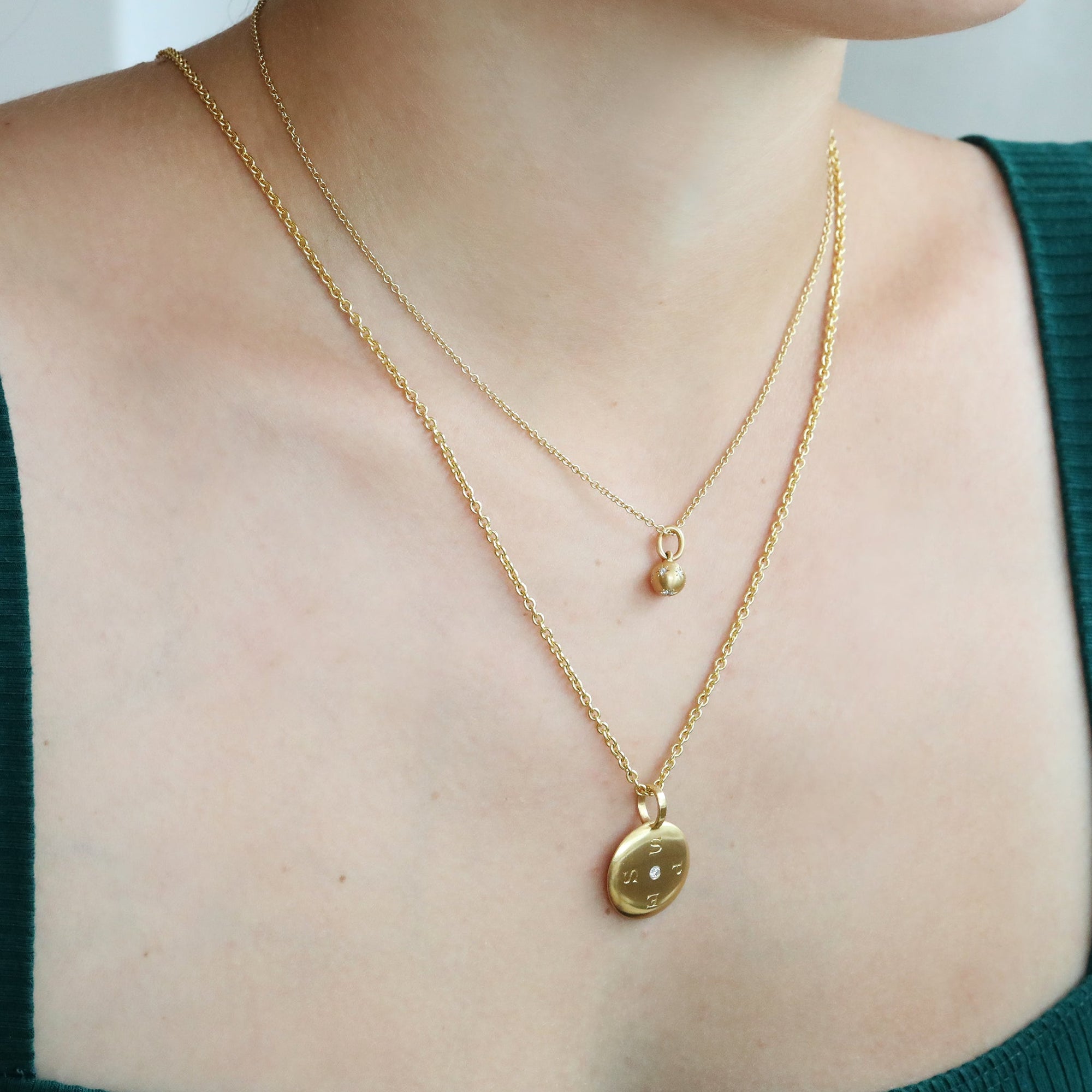 20K Gold &quot;Large Lentil&quot; Reversible Pendant with &quot;Spes/Opes&quot; Engraving and Diamond Center - Peridot Fine Jewelry - Caroline Ellen
