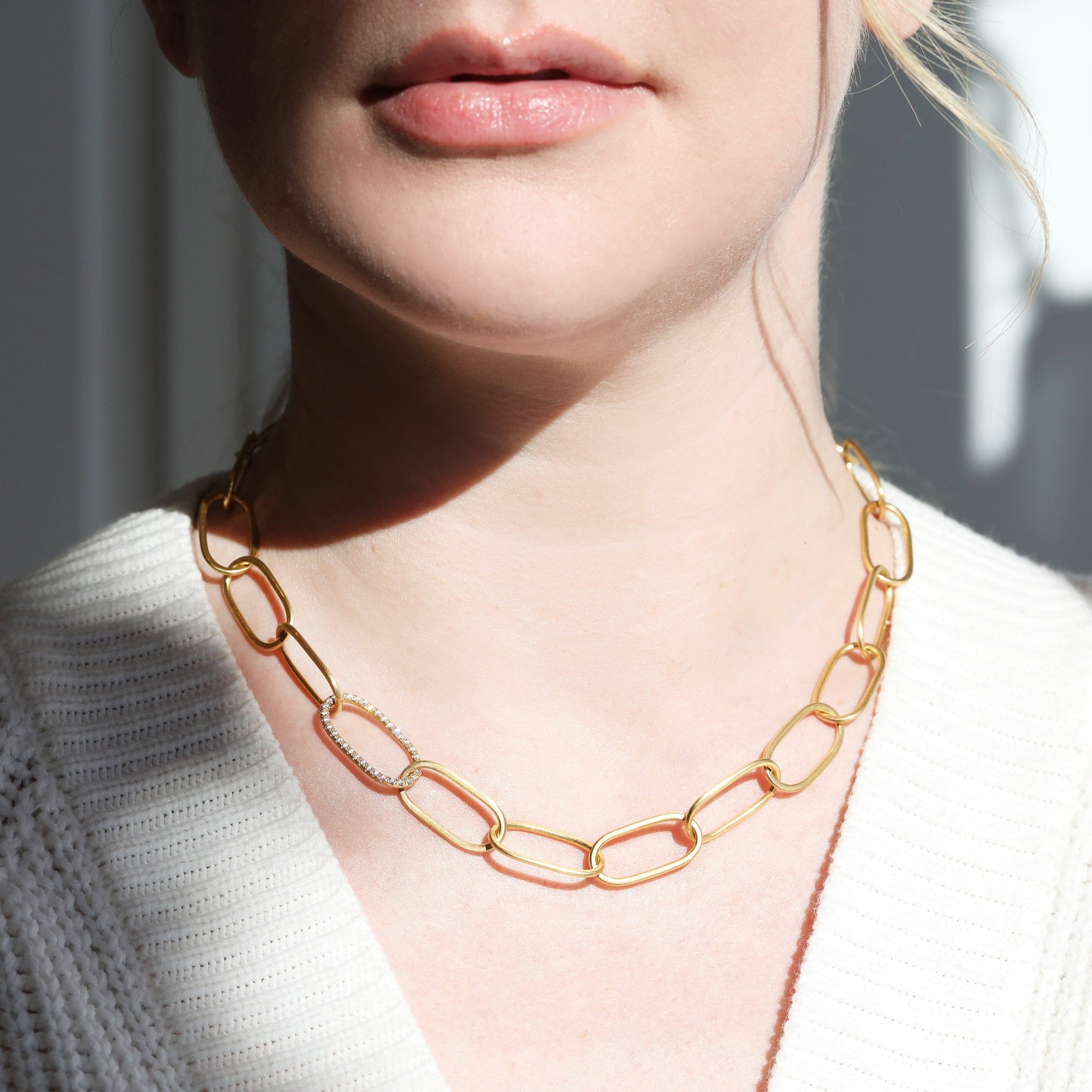 20K Gold &quot;Largest Airy Link&quot; Necklace with Pave Diamond Link - Peridot Fine Jewelry - Caroline Ellen