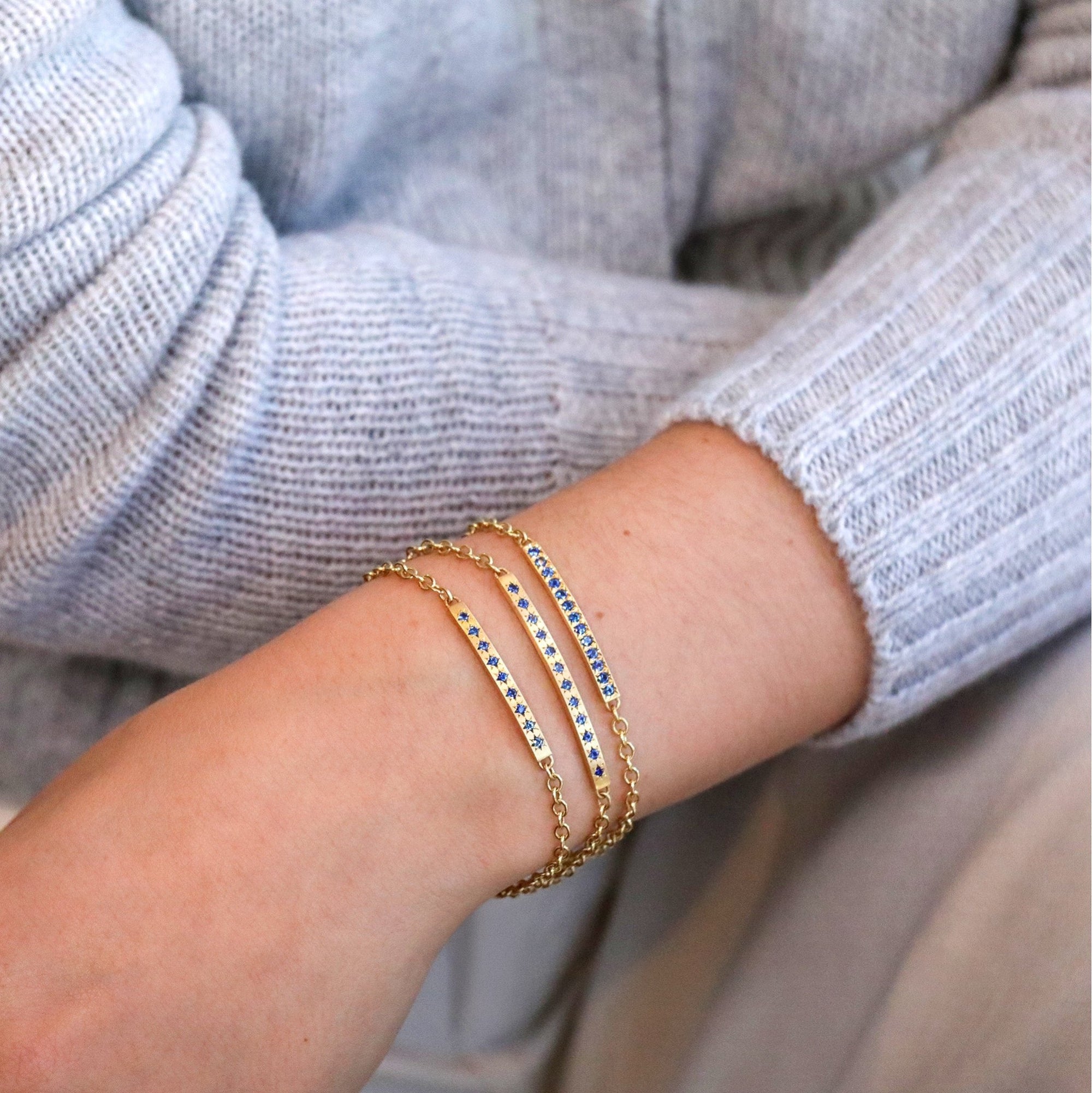 20K Gold Long Star - Set Blue Sapphire Bar Bracelet with 18K Chain - Peridot Fine Jewelry - Caroline Ellen