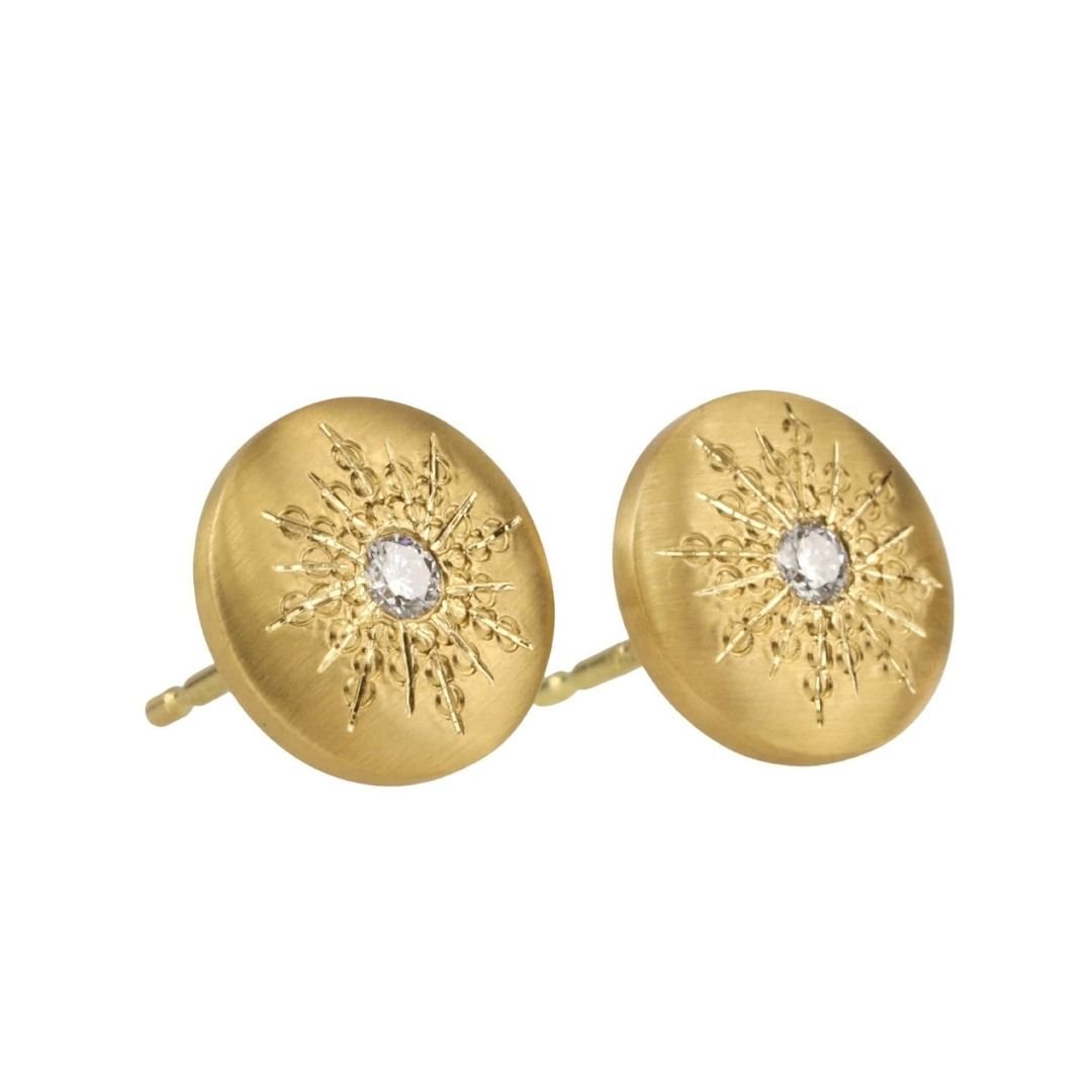 20K Gold Medium Lentil Studs with Sunburst - Set Diamonds - Peridot Fine Jewelry - Caroline Ellen