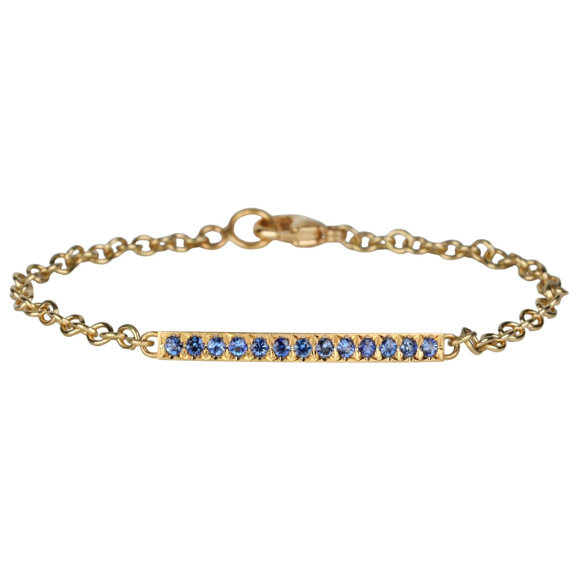 20K Gold Pave Blue Sapphire Bar Bracelet on 18K Chain - Peridot Fine Jewelry - Caroline Ellen