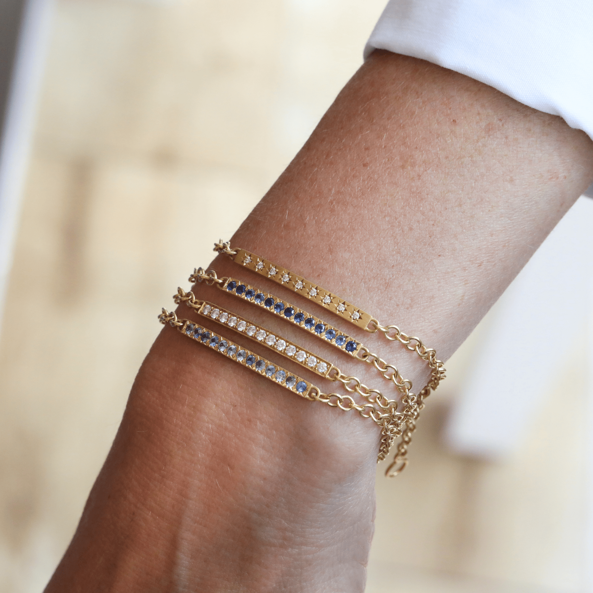 20K Gold Pave Blue Sapphire Bar Bracelet on 18K Chain - Peridot Fine Jewelry - Caroline Ellen