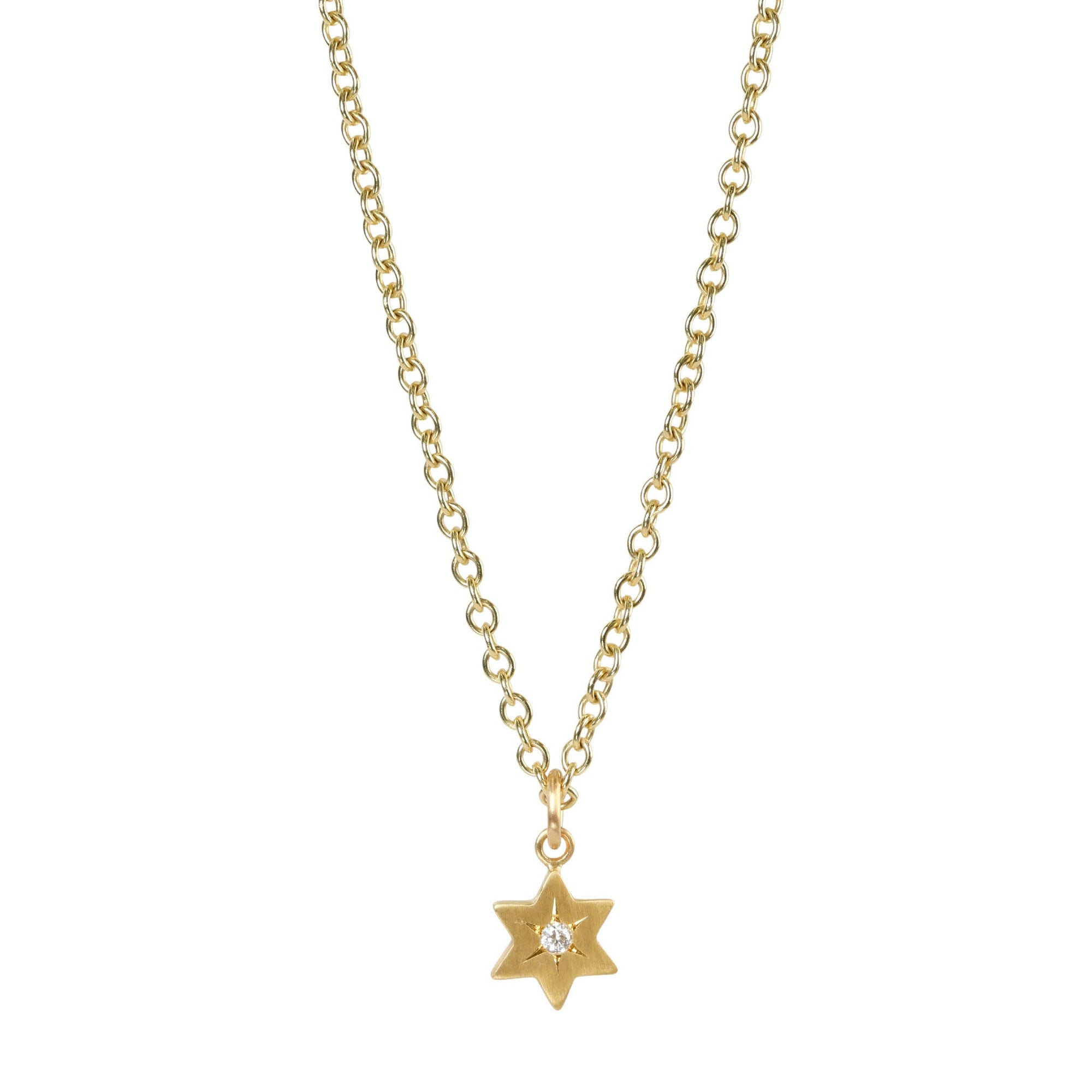 20K Gold Six - Pointed Star Pendant with Star - Set Diamond Center - Peridot Fine Jewelry - Caroline Ellen