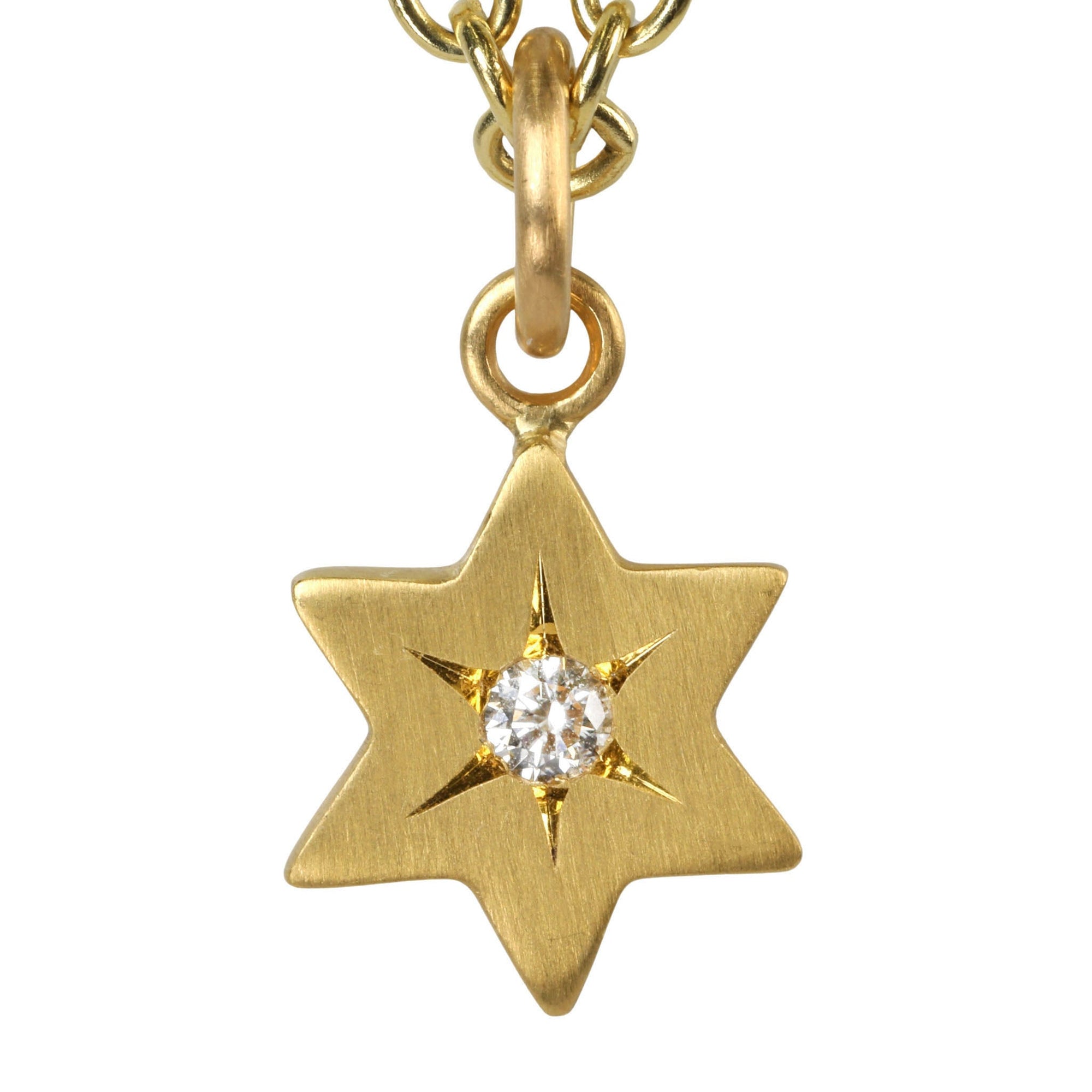 20K Gold Six - Pointed Star Pendant with Star - Set Diamond Center - Peridot Fine Jewelry - Caroline Ellen