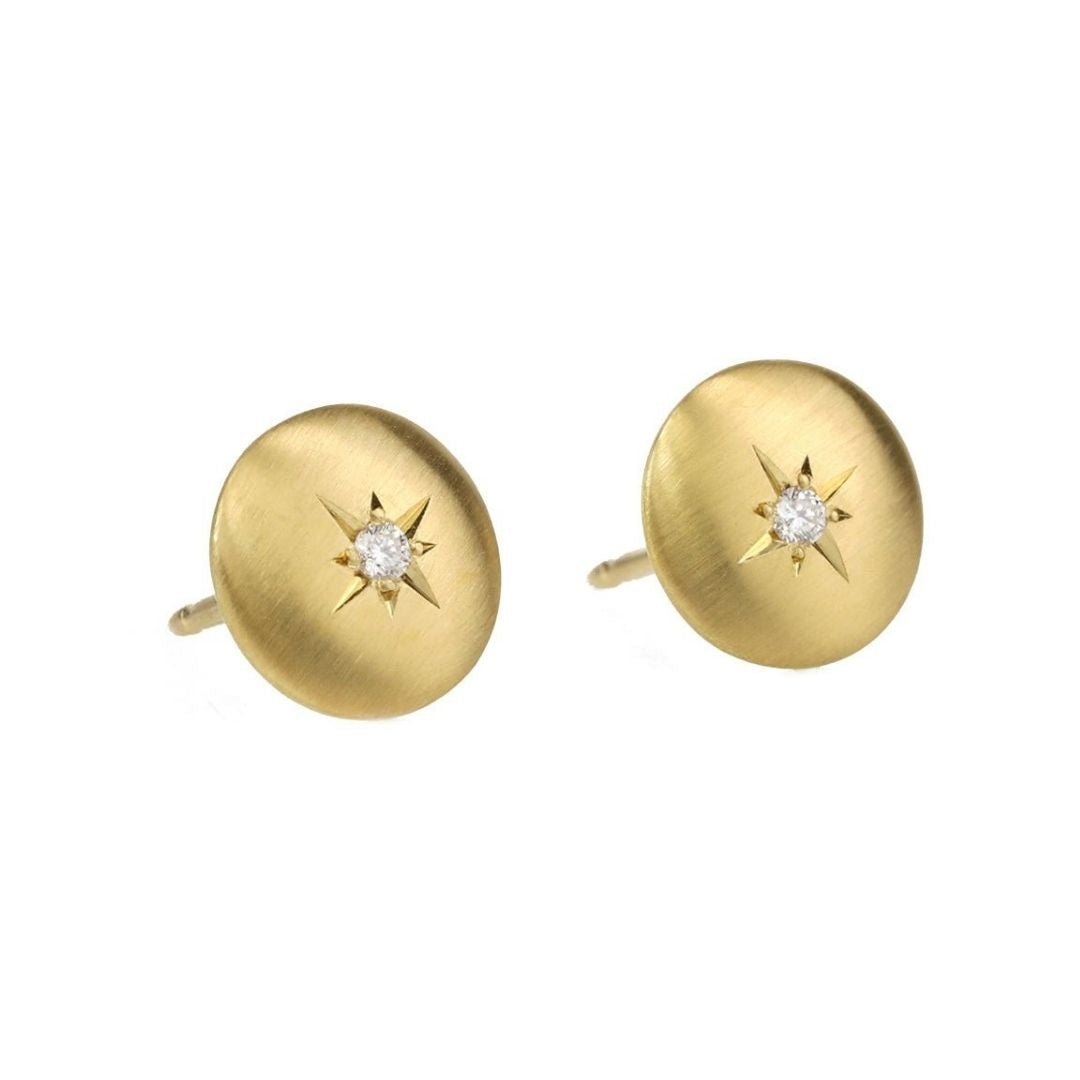 20K Gold Small "Lentil" Studs with Star - Set Diamond Center - Peridot Fine Jewelry - Caroline Ellen