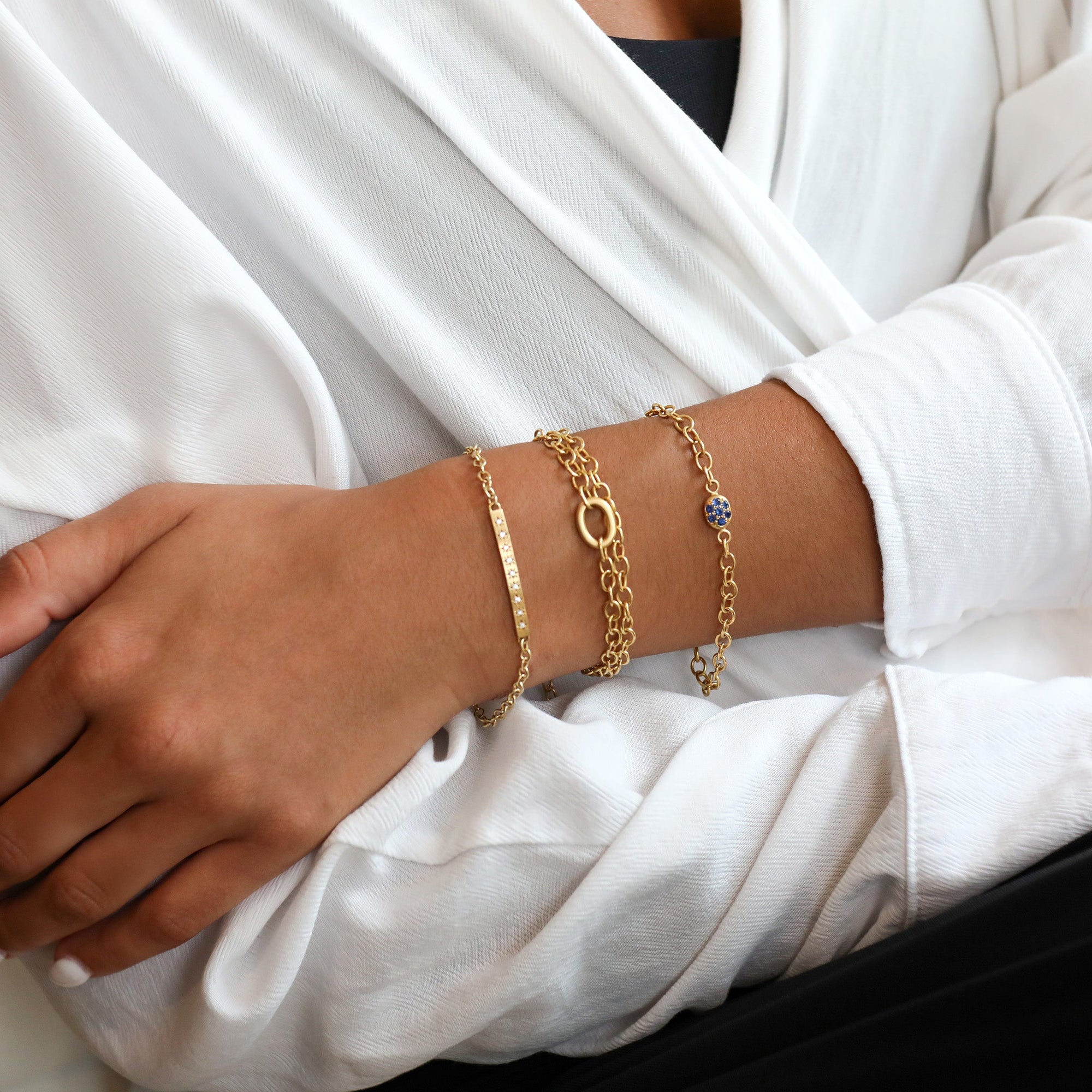 20K Gold Small Pave Blue Sapphire &quot;Nugget&quot; Chain Bracelet - Peridot Fine Jewelry - Caroline Ellen