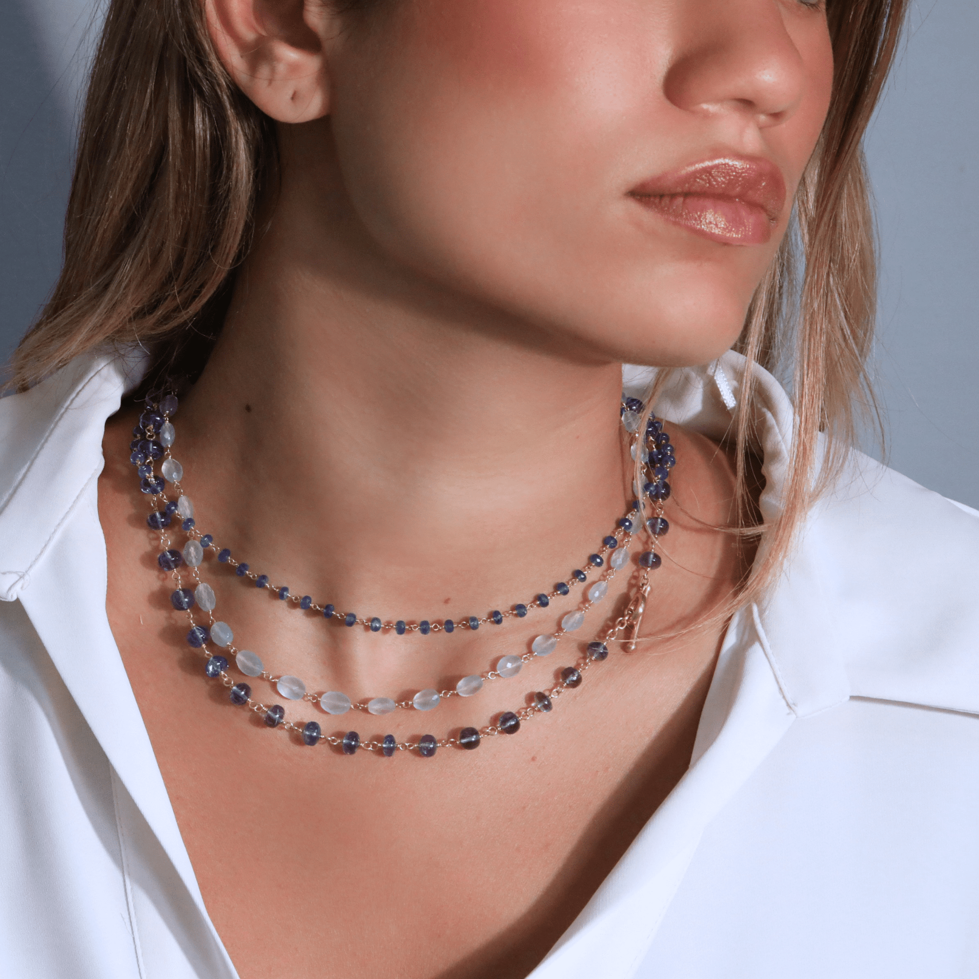 20K Hand - Wrapped Faceted Oval Chalcedony Beaded Necklace - Peridot Fine Jewelry - Caroline Ellen