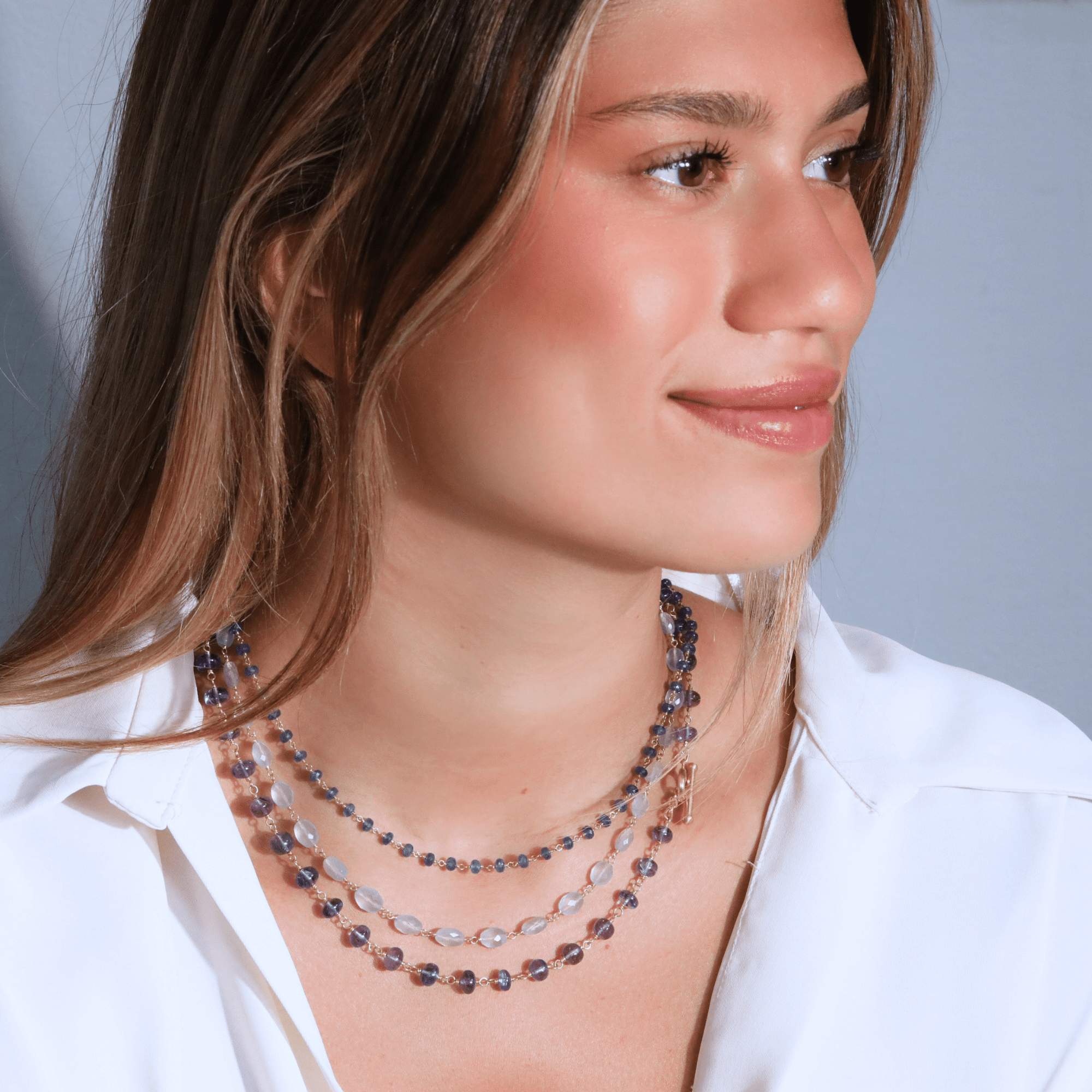 20K Hand - Wrapped Faceted Oval Chalcedony Beaded Necklace - Peridot Fine Jewelry - Caroline Ellen