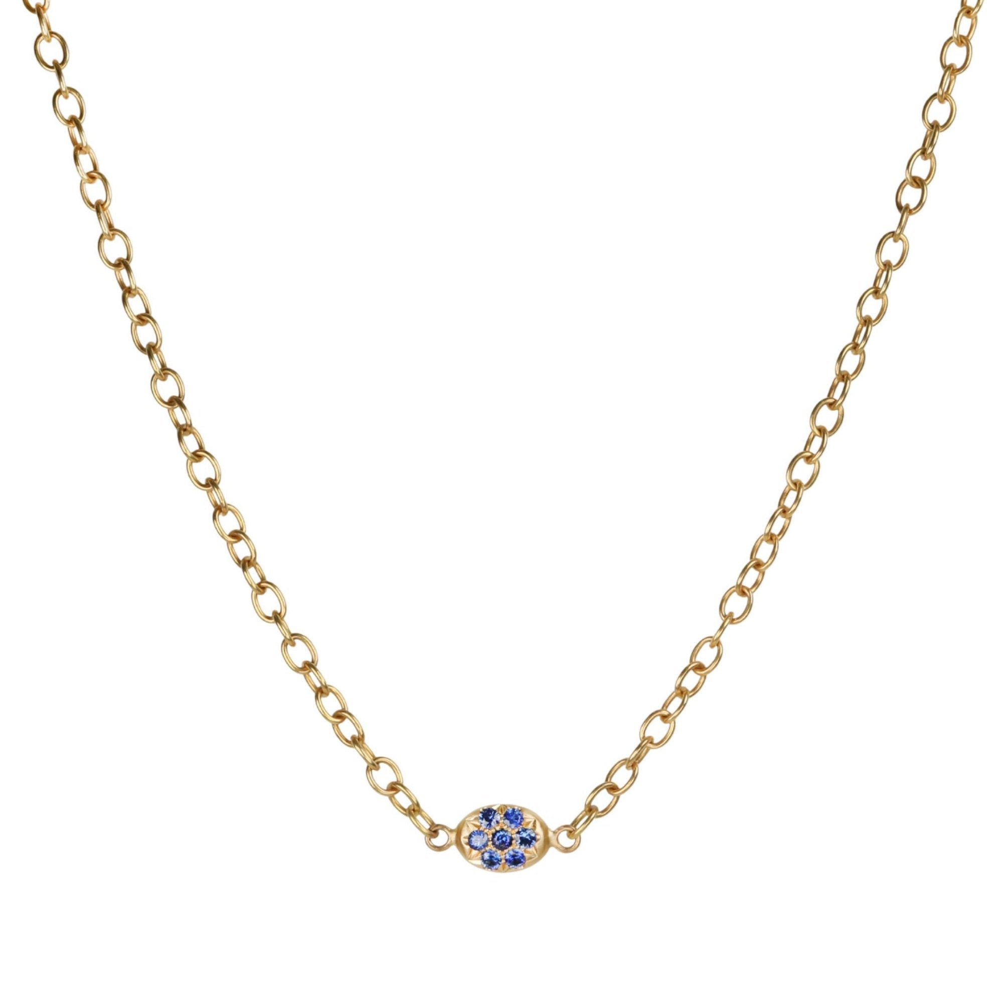 20K Handmade Chain Necklace with Double - Sided Blue Sapphire "Nugget" Centerpiece - Peridot Fine Jewelry - Caroline Ellen