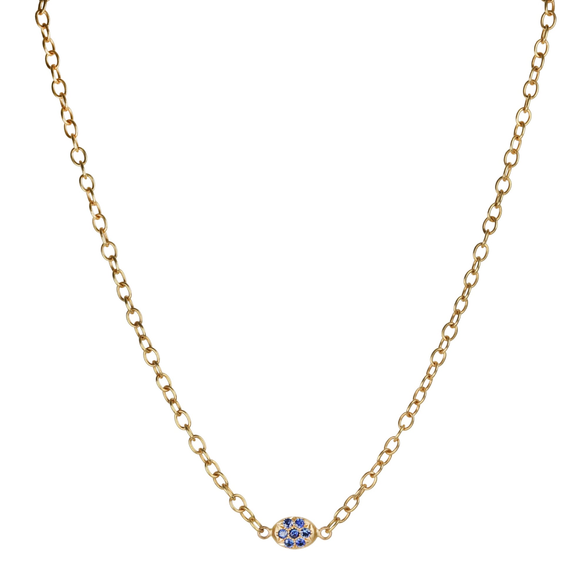20K Handmade Chain Necklace with Double - Sided Blue Sapphire "Nugget" Centerpiece - Peridot Fine Jewelry - Caroline Ellen