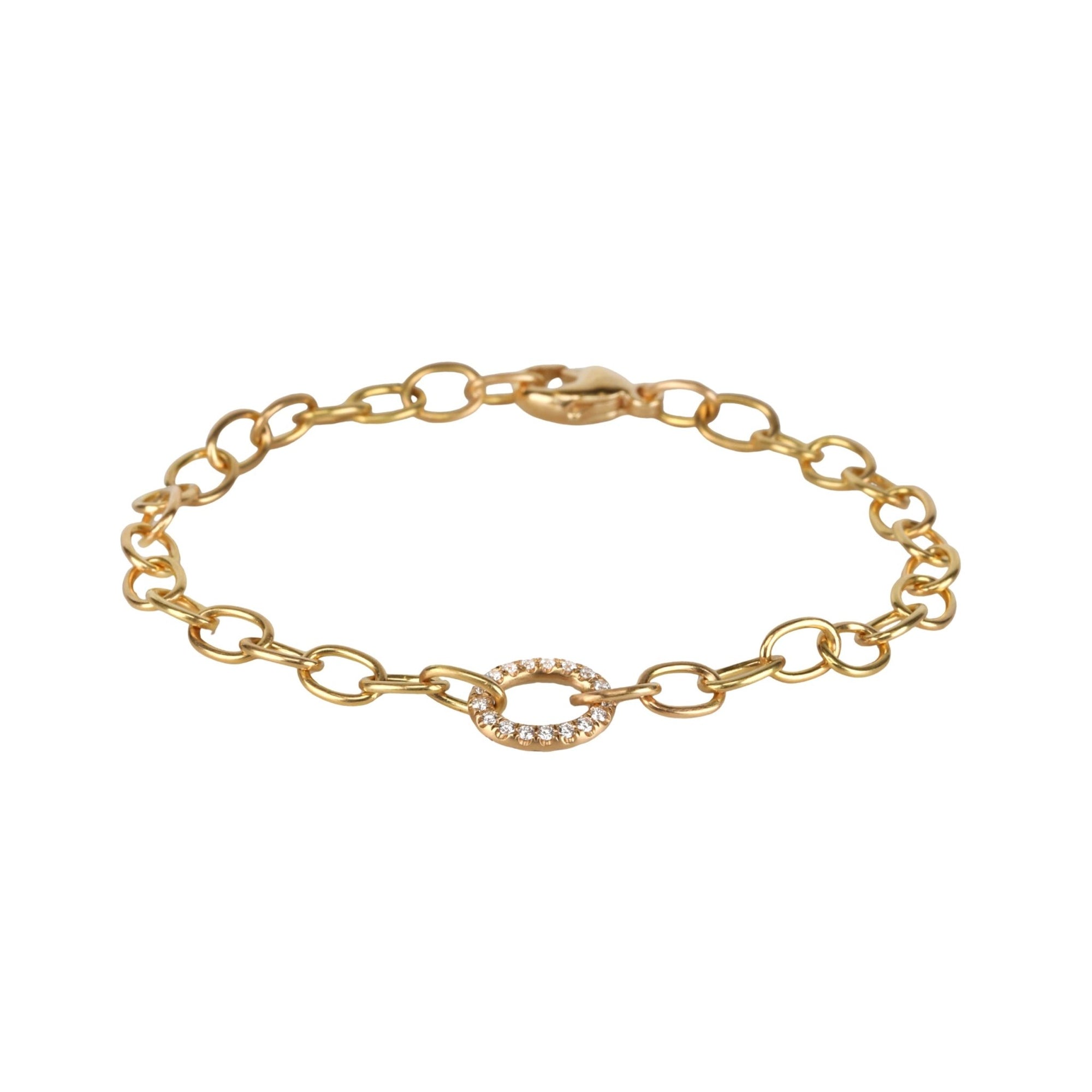 20K Handmade Delicate Airy Oval Link Bracelet with Center Mini Pave Diamond Oval Link - Peridot Fine Jewelry - Caroline Ellen