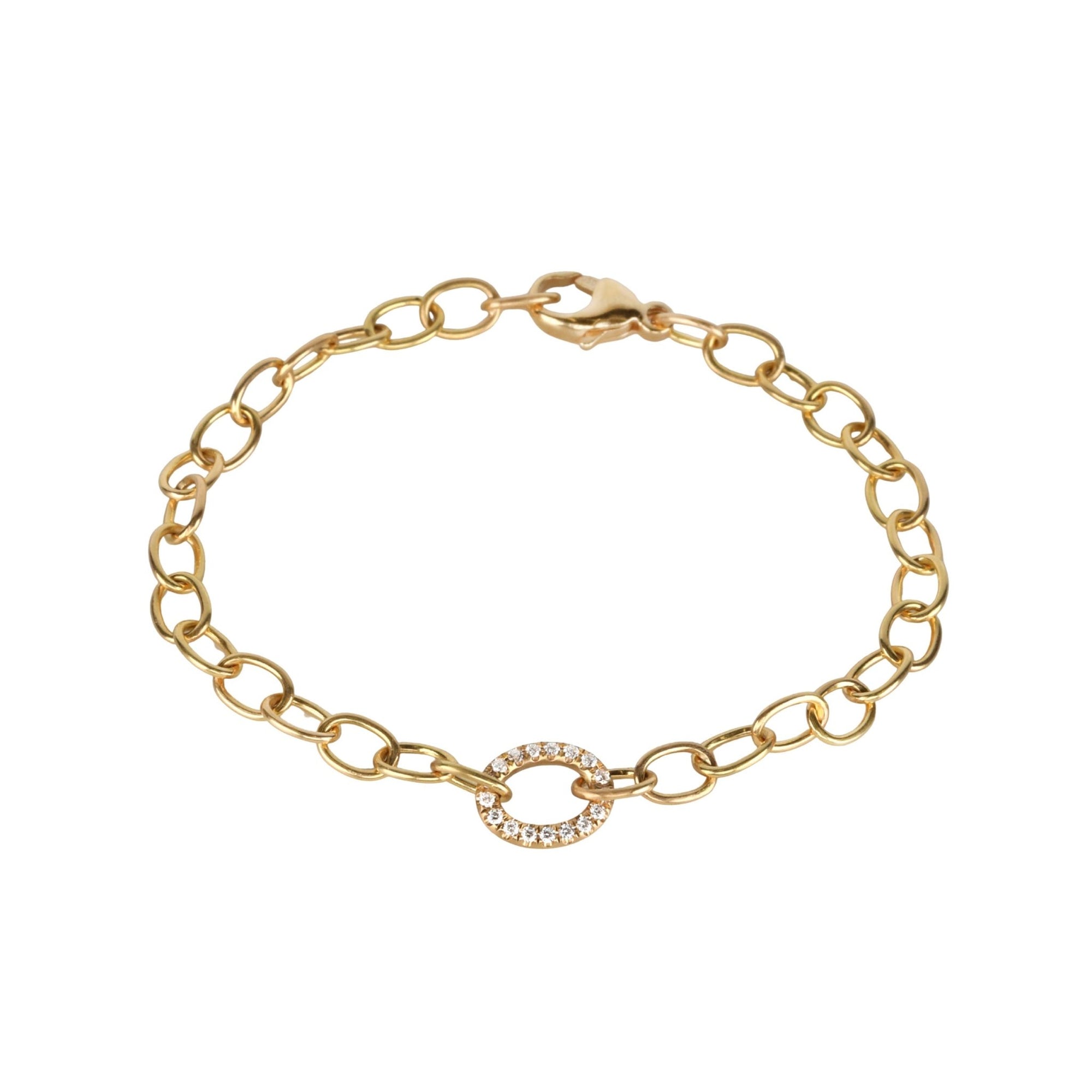 20K Handmade Delicate Airy Oval Link Bracelet with Center Mini Pave Diamond Oval Link - Peridot Fine Jewelry - Caroline Ellen