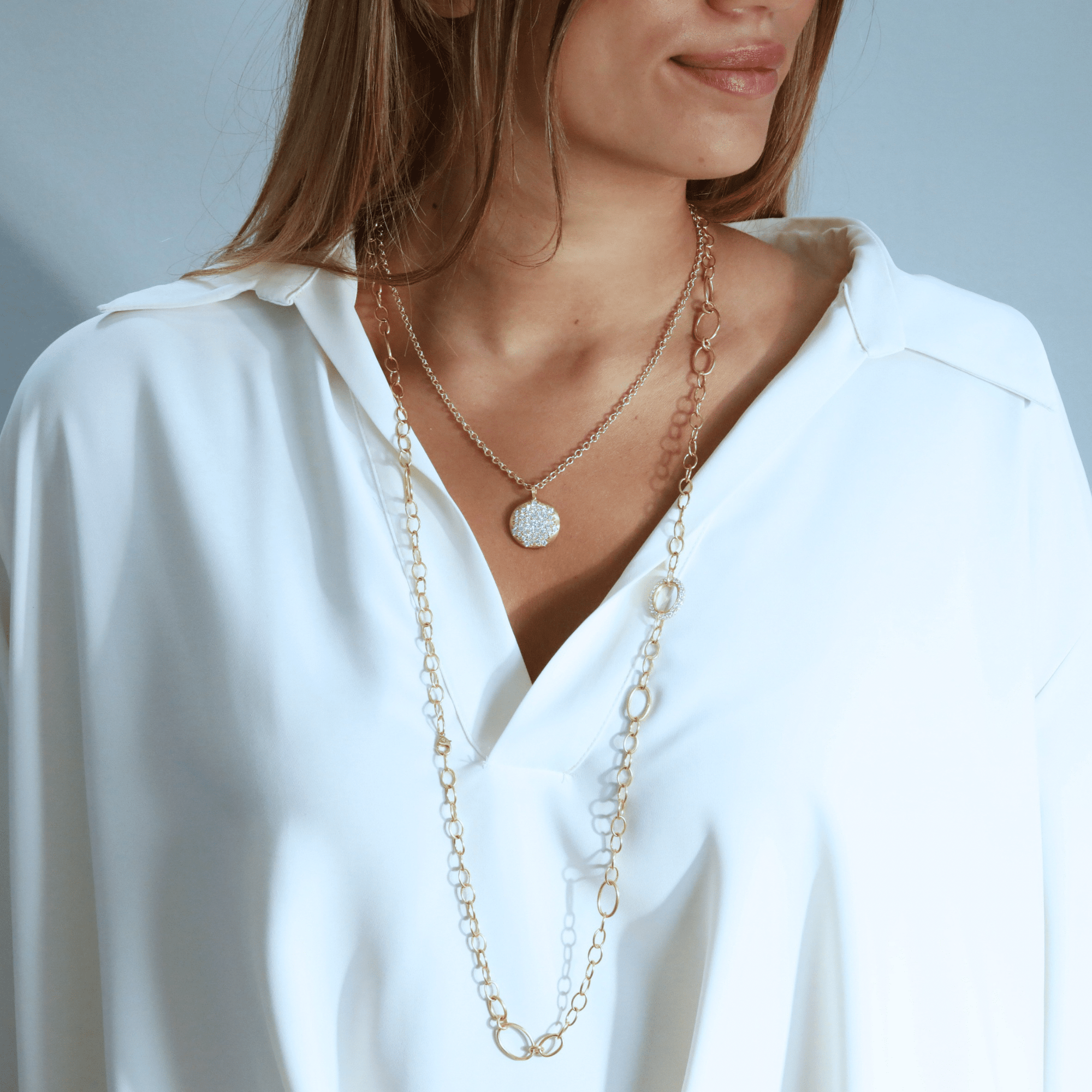 20K Handmade Large "Airy" Chain Necklace with Varying Sized Oval Links &amp; Single Pave Diamond Link - Peridot Fine Jewelry - Caroline Ellen