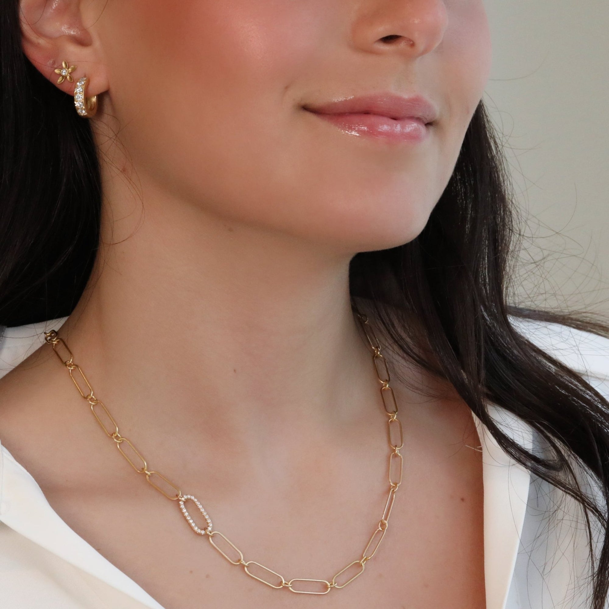 20K Handmade Long Thin "Flattened Paperclip Link" Necklace with One Off - Set Pave Diamond Link - Peridot Fine Jewelry - Caroline Ellen