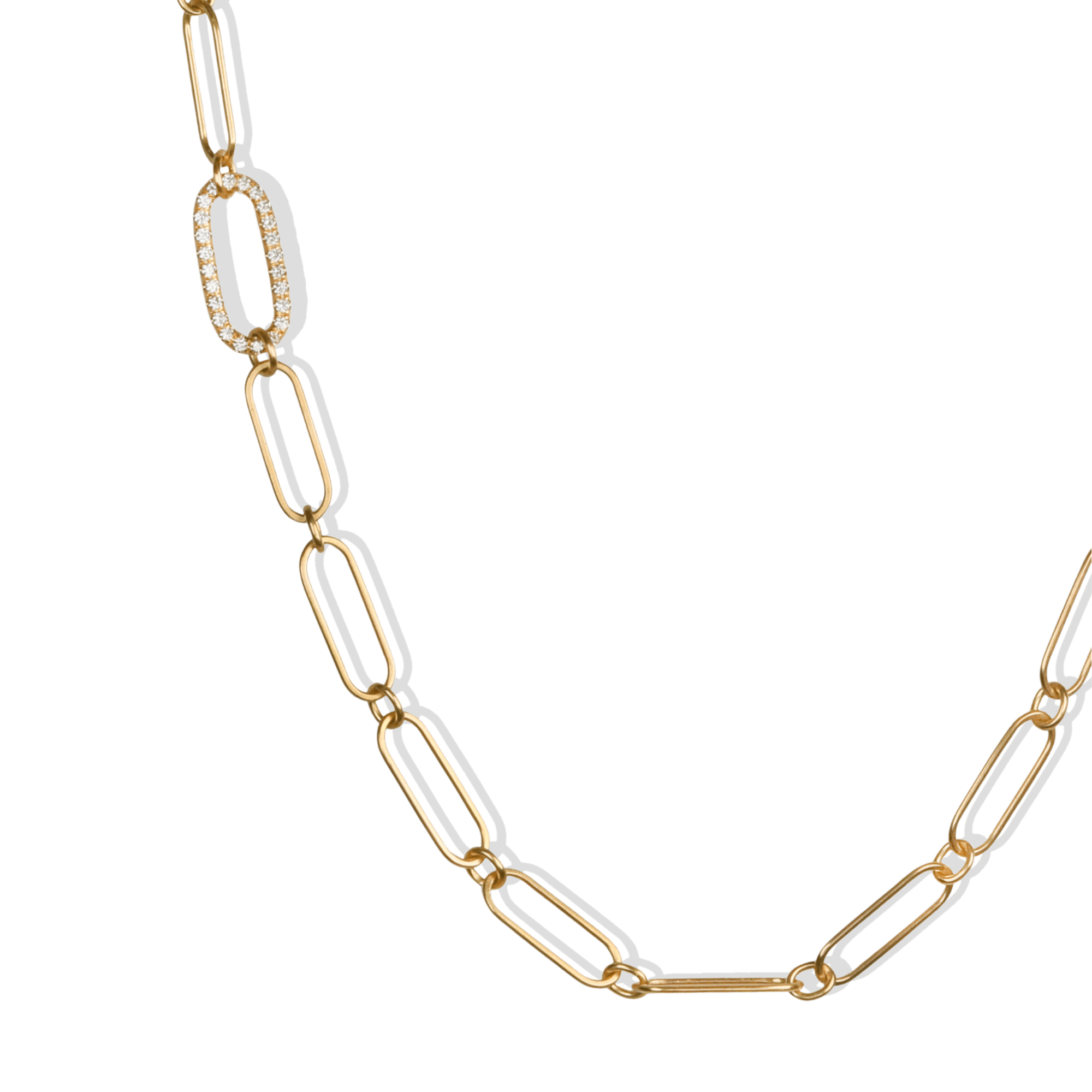 20K Handmade Long Thin "Flattened Paperclip Link" Necklace with One Off - Set Pave Diamond Link - Peridot Fine Jewelry - Caroline Ellen