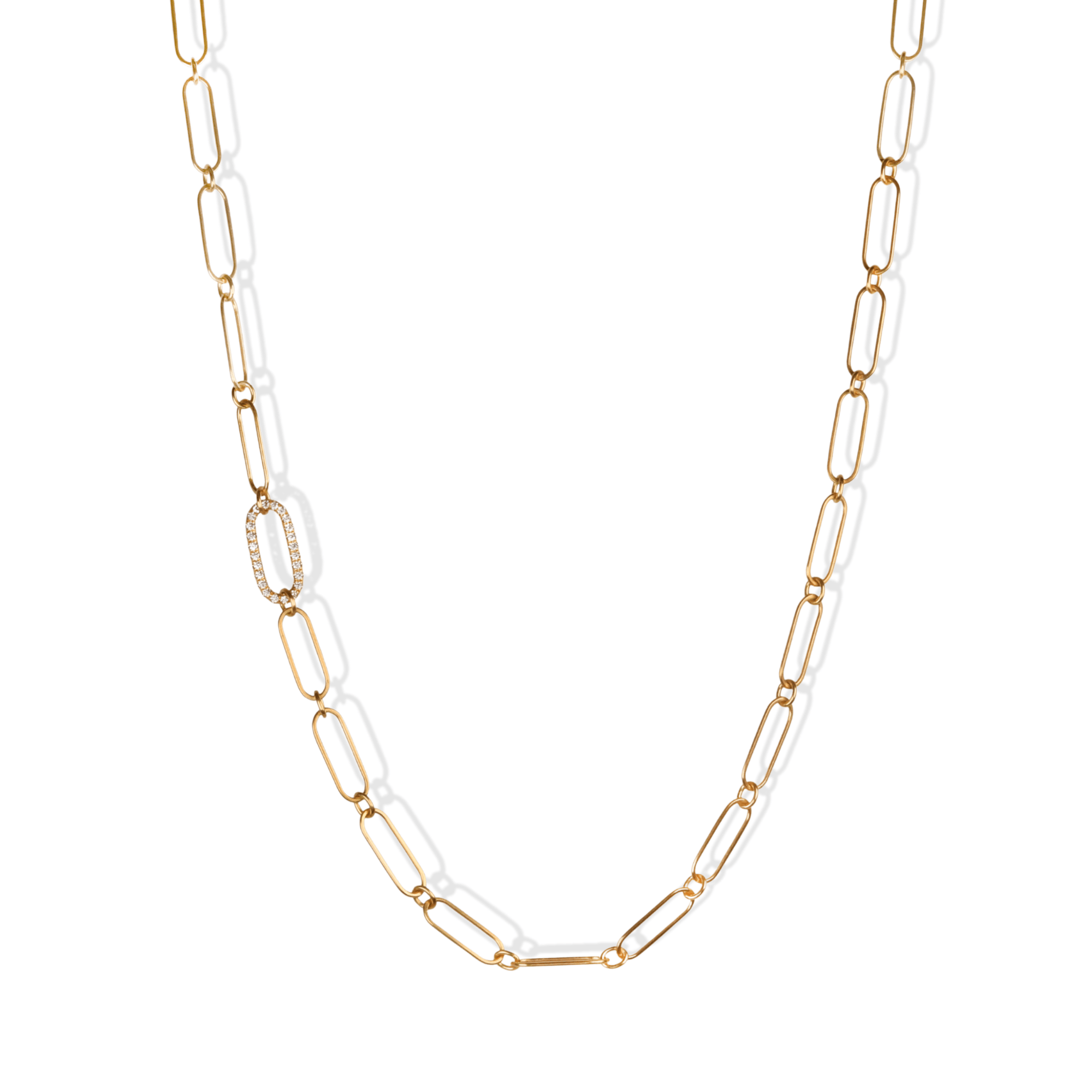 20K Handmade Long Thin "Flattened Paperclip Link" Necklace with One Off - Set Pave Diamond Link - Peridot Fine Jewelry - Caroline Ellen