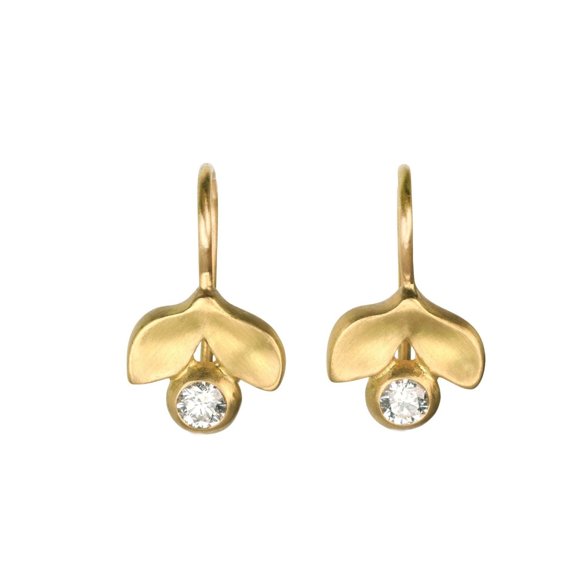 20K Laurel Earrings with Bezel Set Diamond on Stationary Ear Wires - Peridot Fine Jewelry - Caroline Ellen