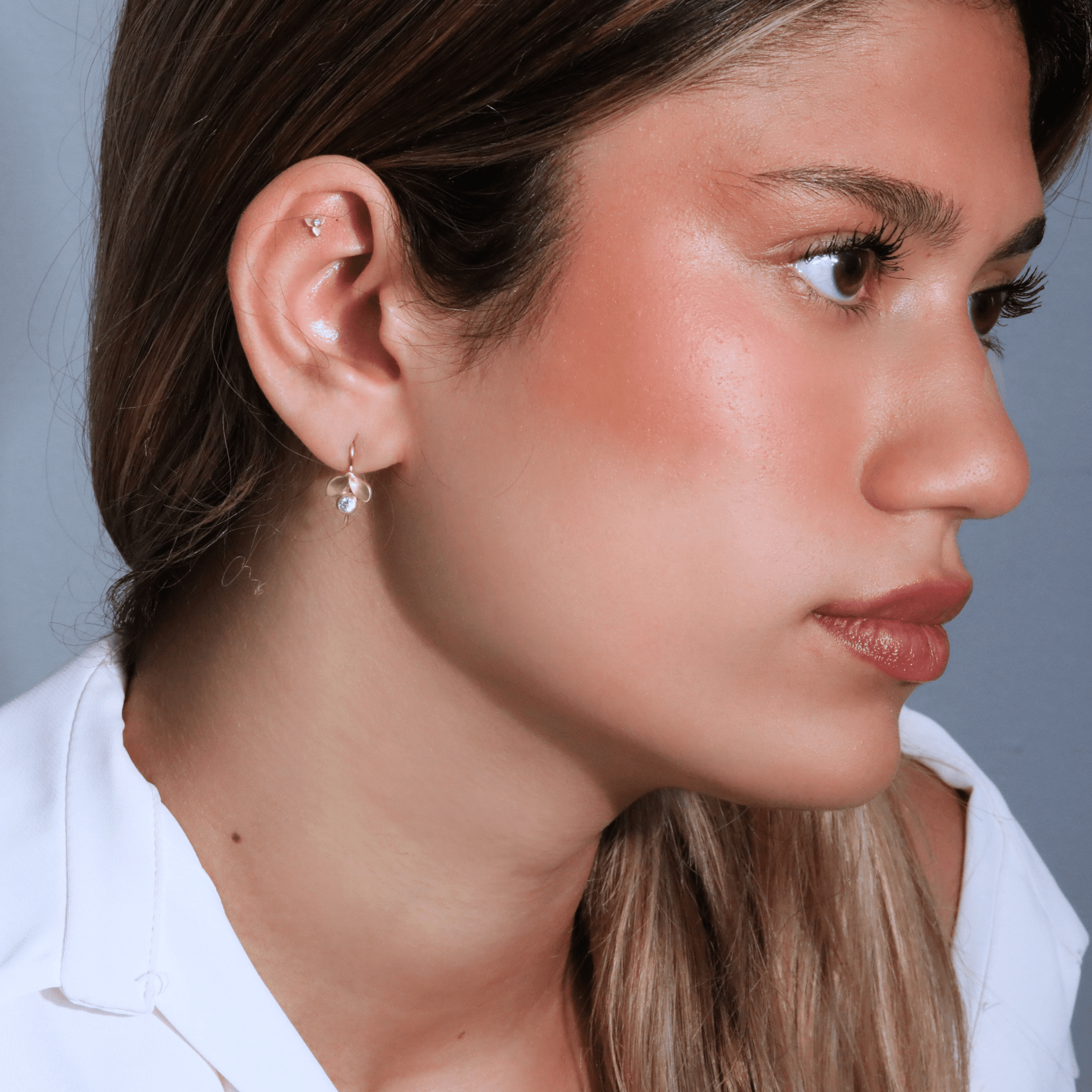 20K Laurel Earrings with Bezel Set Diamond on Stationary Ear Wires - Peridot Fine Jewelry - Caroline Ellen