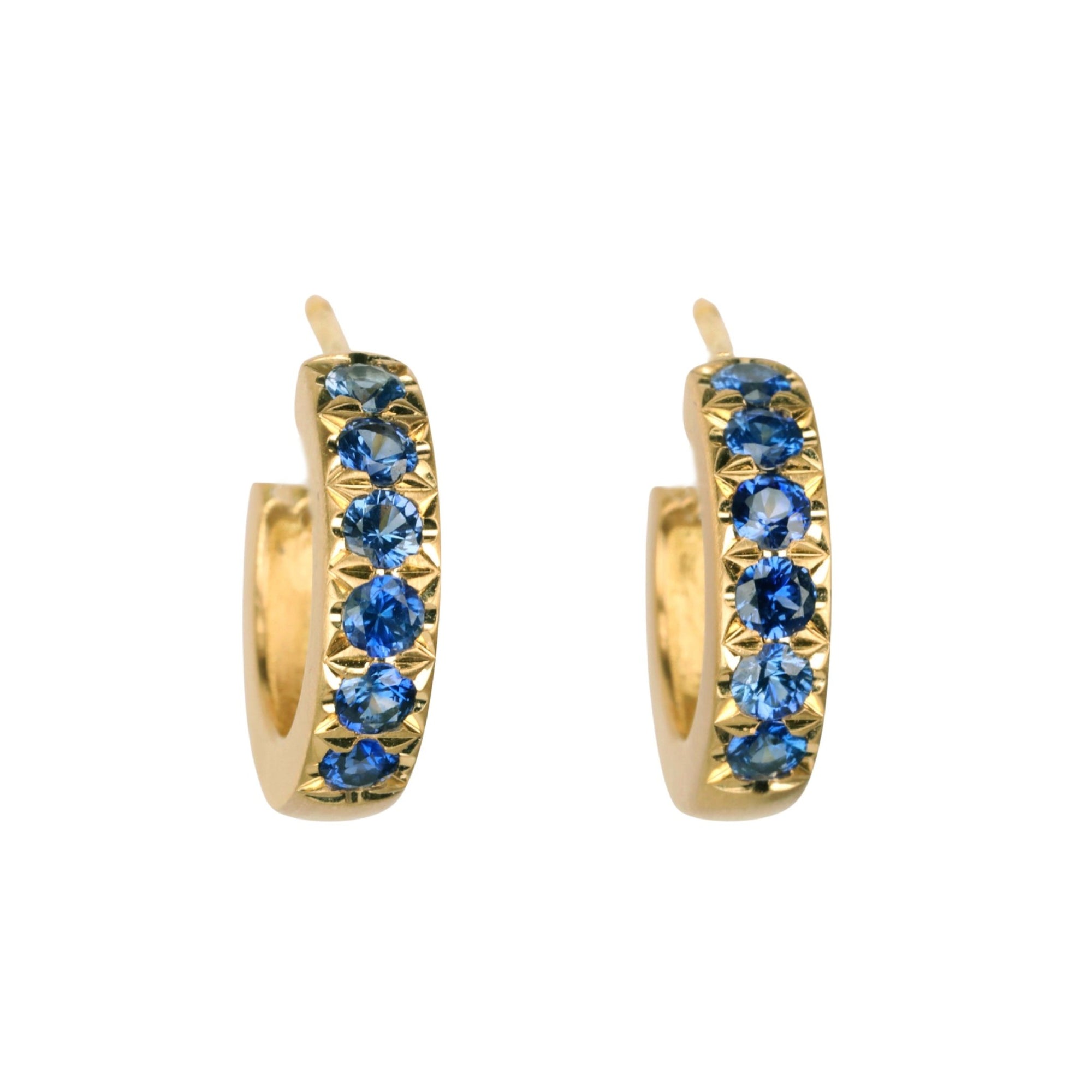 20K &amp; Pave Blue Sapphire "Chunky" Small Hoop Earrings - Peridot Fine Jewelry - Caroline Ellen