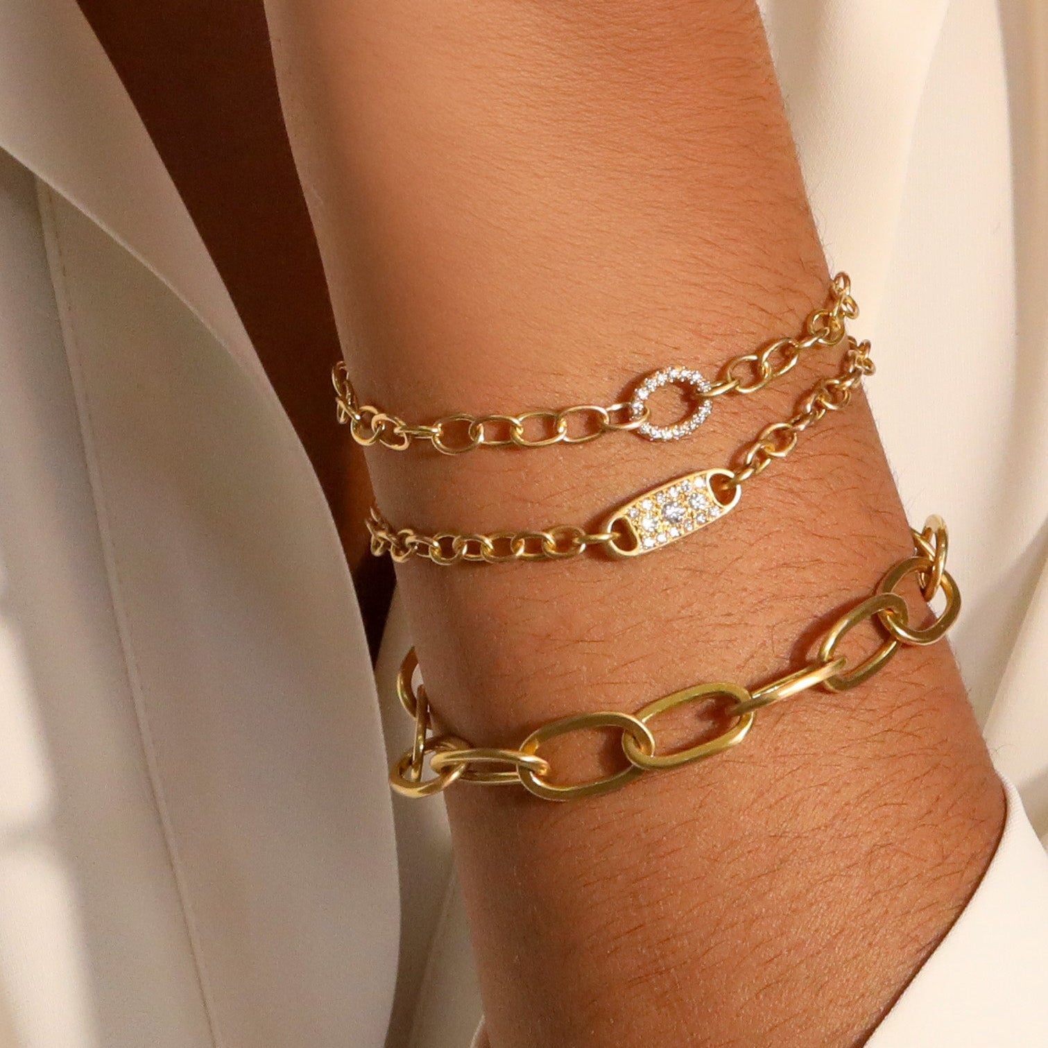 20K &amp; Pave Diamond "Chunky Tag" Bracelet with Handmade Chain - Peridot Fine Jewelry - Caroline Ellen