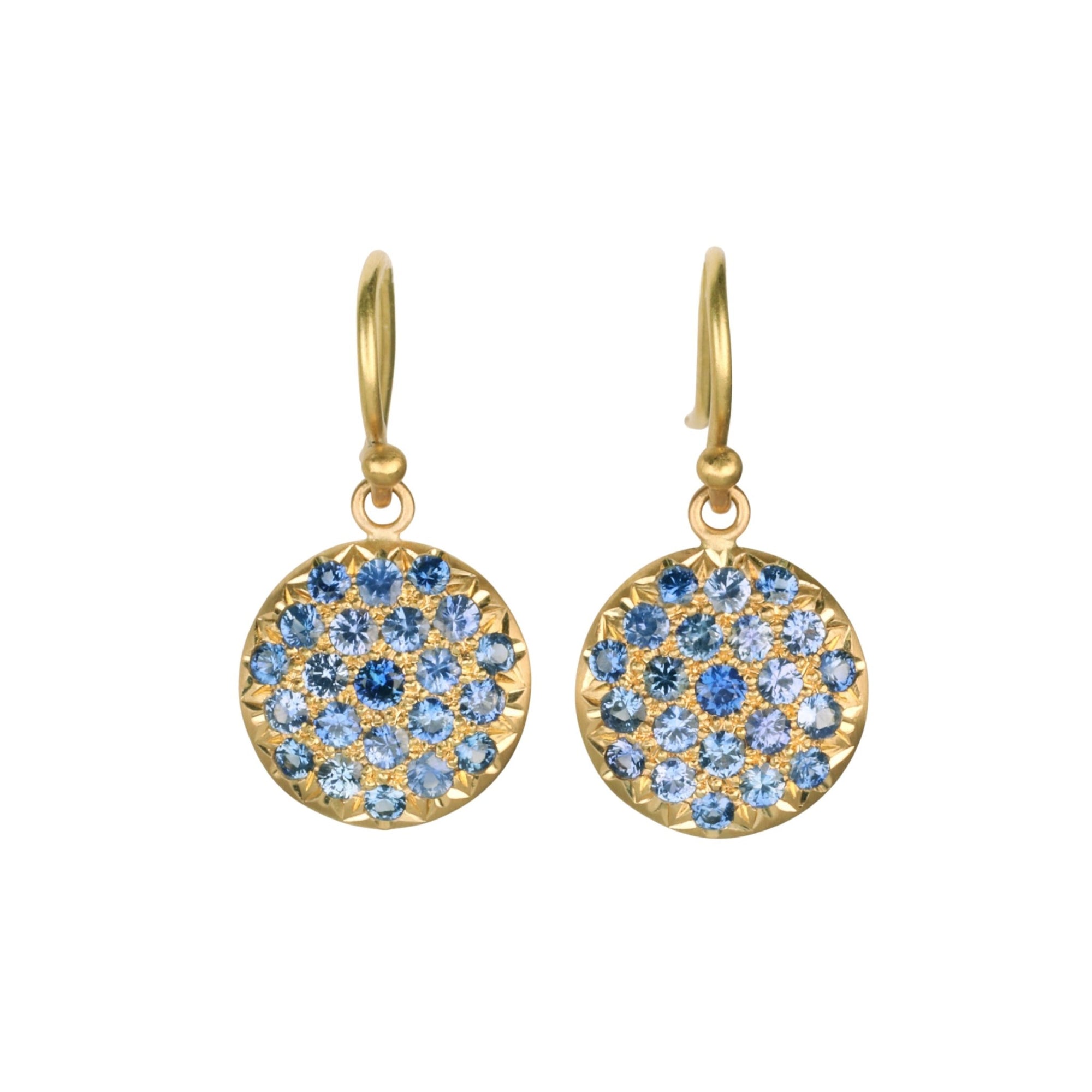 20K Round Medium "Lentil" Earrings with Pave Blue Sapphires - Peridot Fine Jewelry - Caroline Ellen